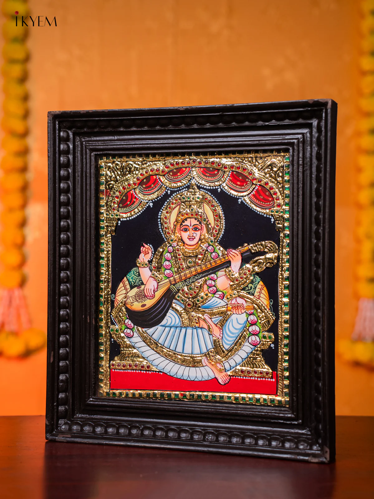 Regal Goddess Saraswathi Thanjavur painting (15*13 inches) - KJ03185 - Image 2