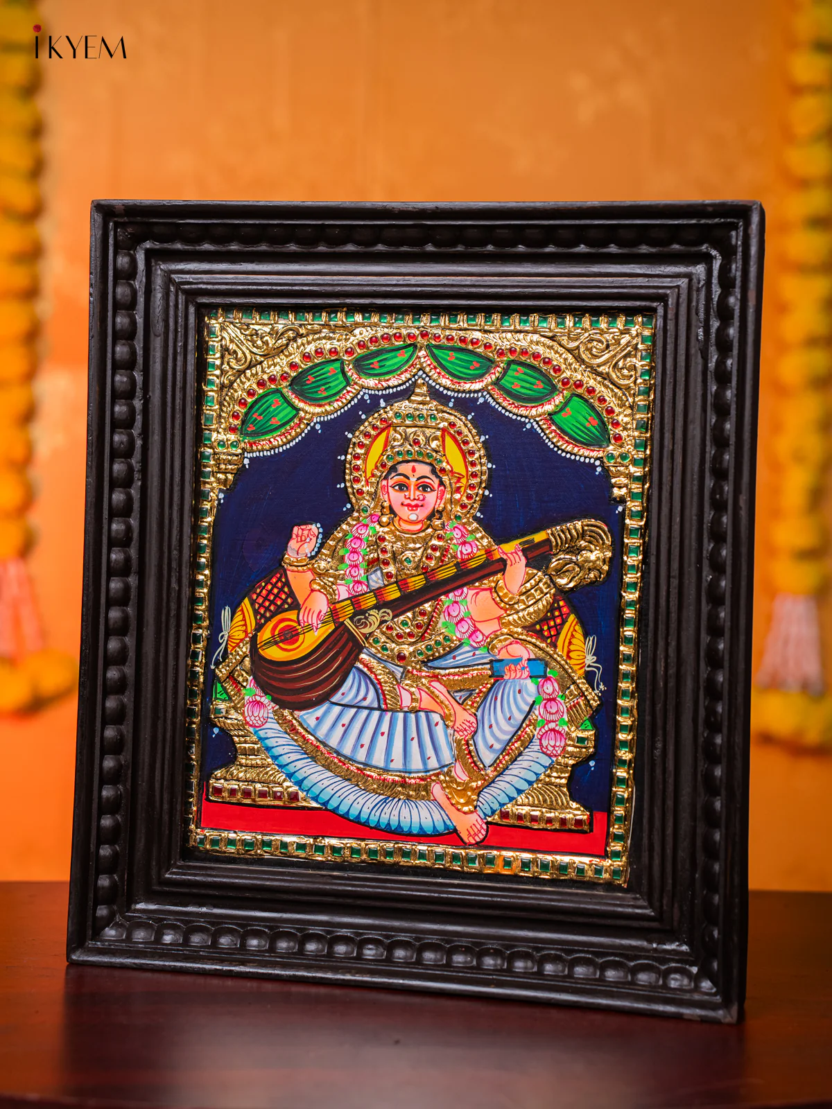 Vedic Goddess Saraswathi Tanjore painting - (15×13) Inch - KJ03186 - Image 2