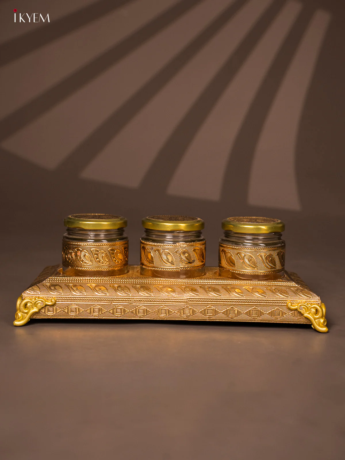 Luxury Gold Oxidised Decorative Tray Set with 3 Embossed Jars- KG17118