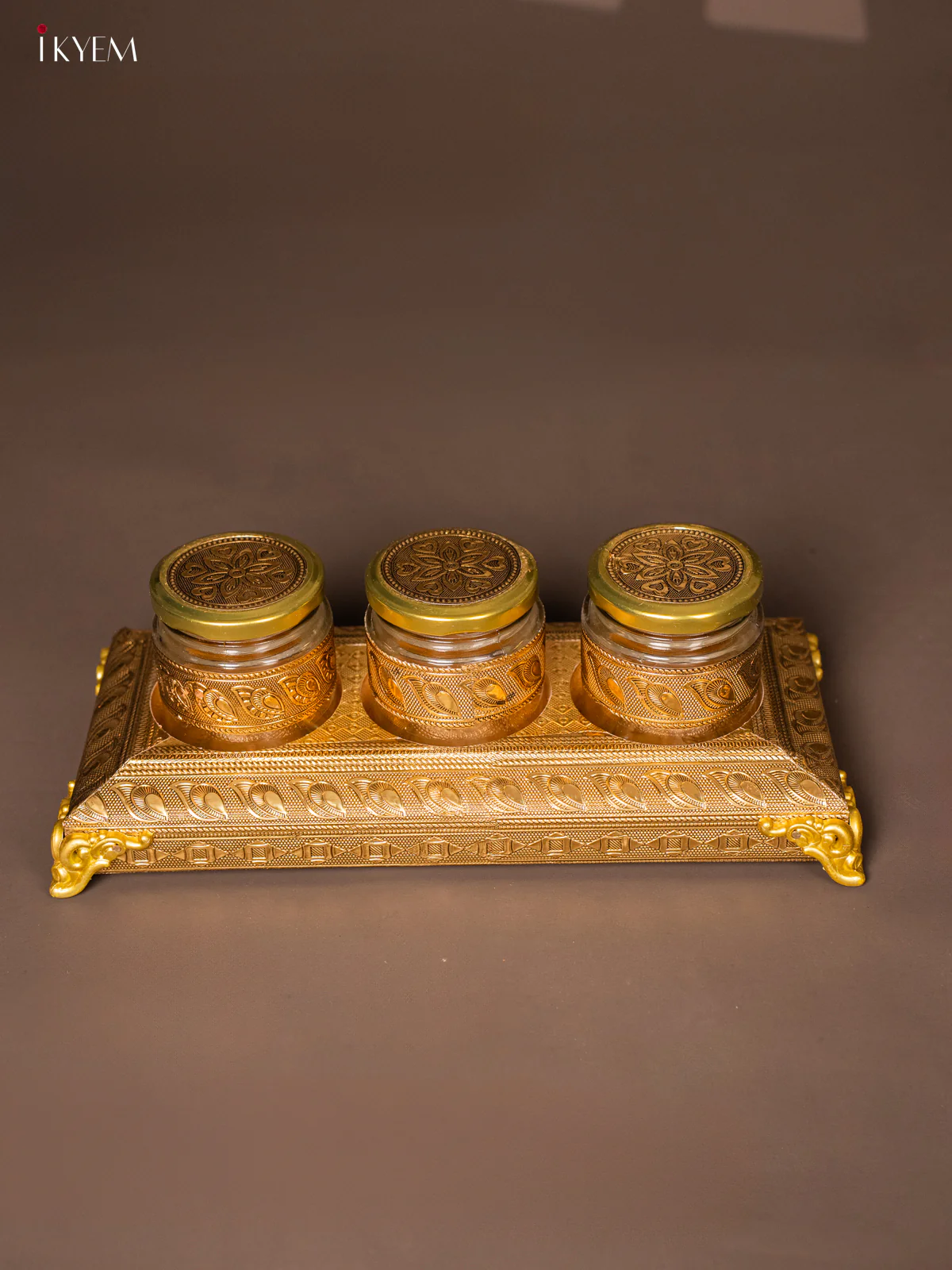 Luxury Gold Oxidised Decorative Tray Set with 3 Embossed Jars- KG17118 - Image 2