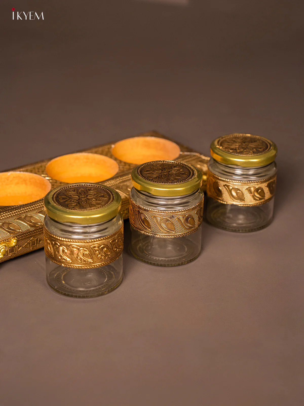 Luxury Gold Oxidised Decorative Tray Set with 3 Embossed Jars- KG17118 - Image 3