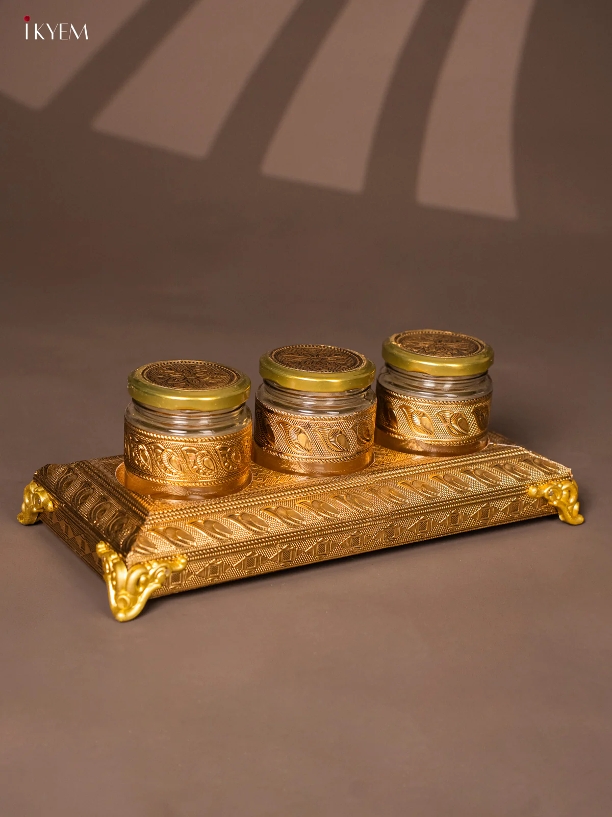 Luxury Gold Oxidised Decorative Tray Set with 3 Embossed Jars- KG17118 - Image 4