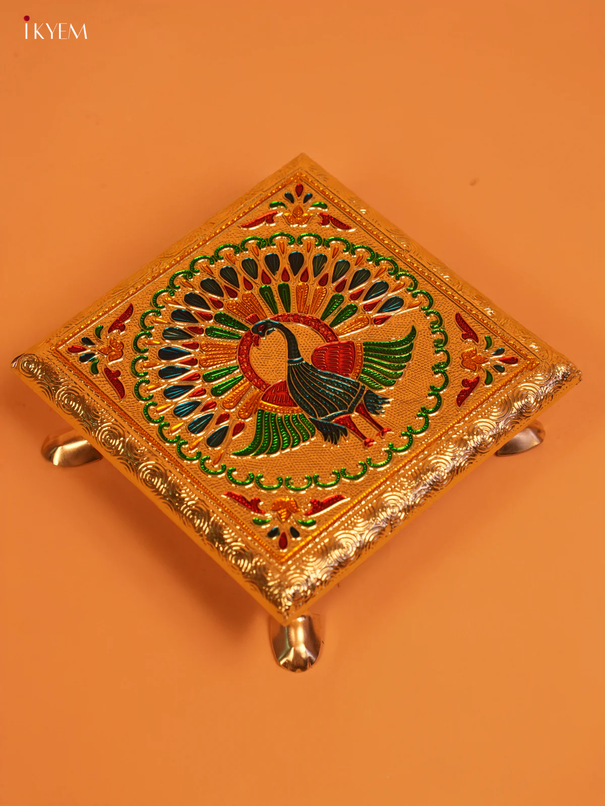 Golden Wooden Bajot With Meenakari Peacock Design - KL31126 - Image 2