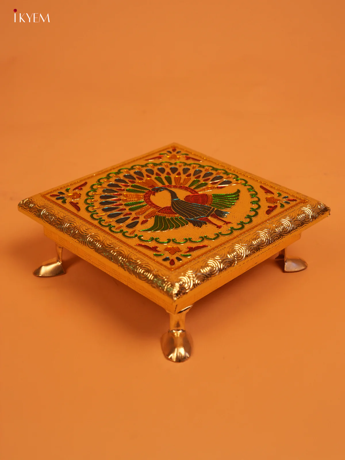 Golden Wooden Bajot With Meenakari Peacock Design - KL31126 - Image 4