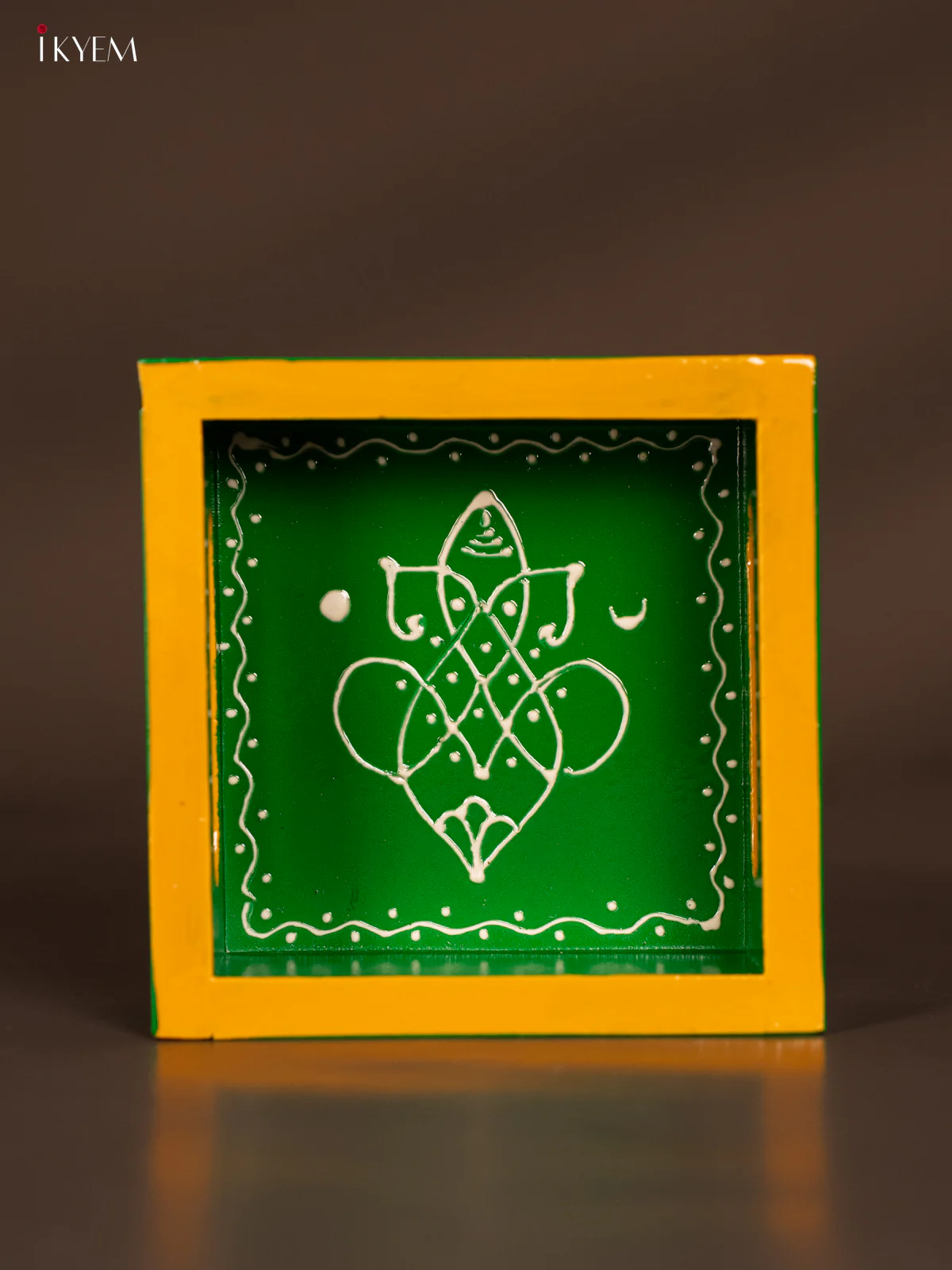 Ganesha Hand-Painted Square Wooden Tray - Green - (5×5) Inch - KF11175