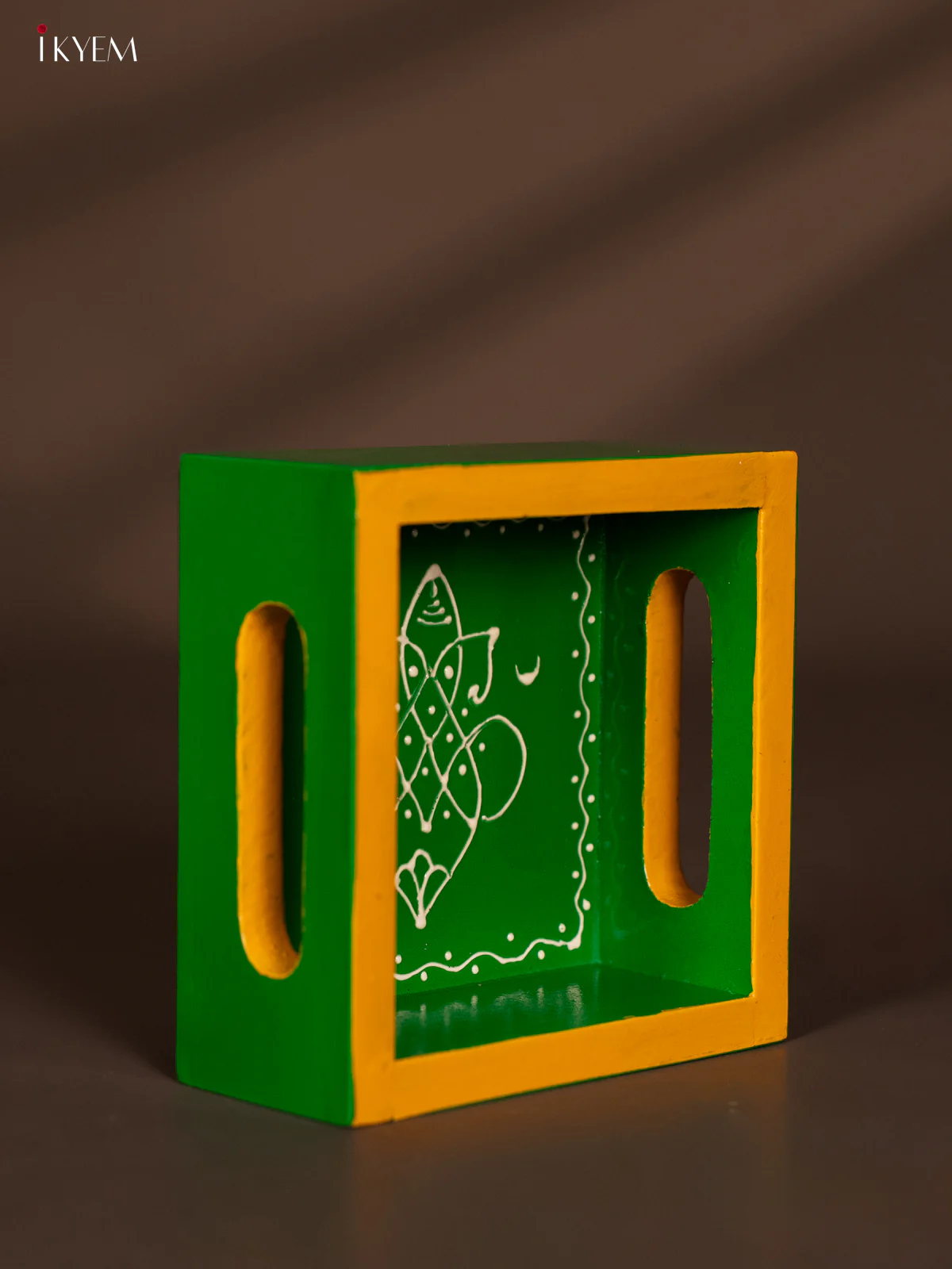 Ganesha Hand-Painted Square Wooden Tray - Green - (5×5) Inch - KF11175 - Image 2