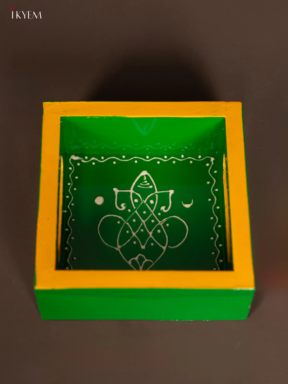 Ganesha Hand-Painted Square Wooden Tray - Green - (5×5) Inch - KF11175 - Image 3