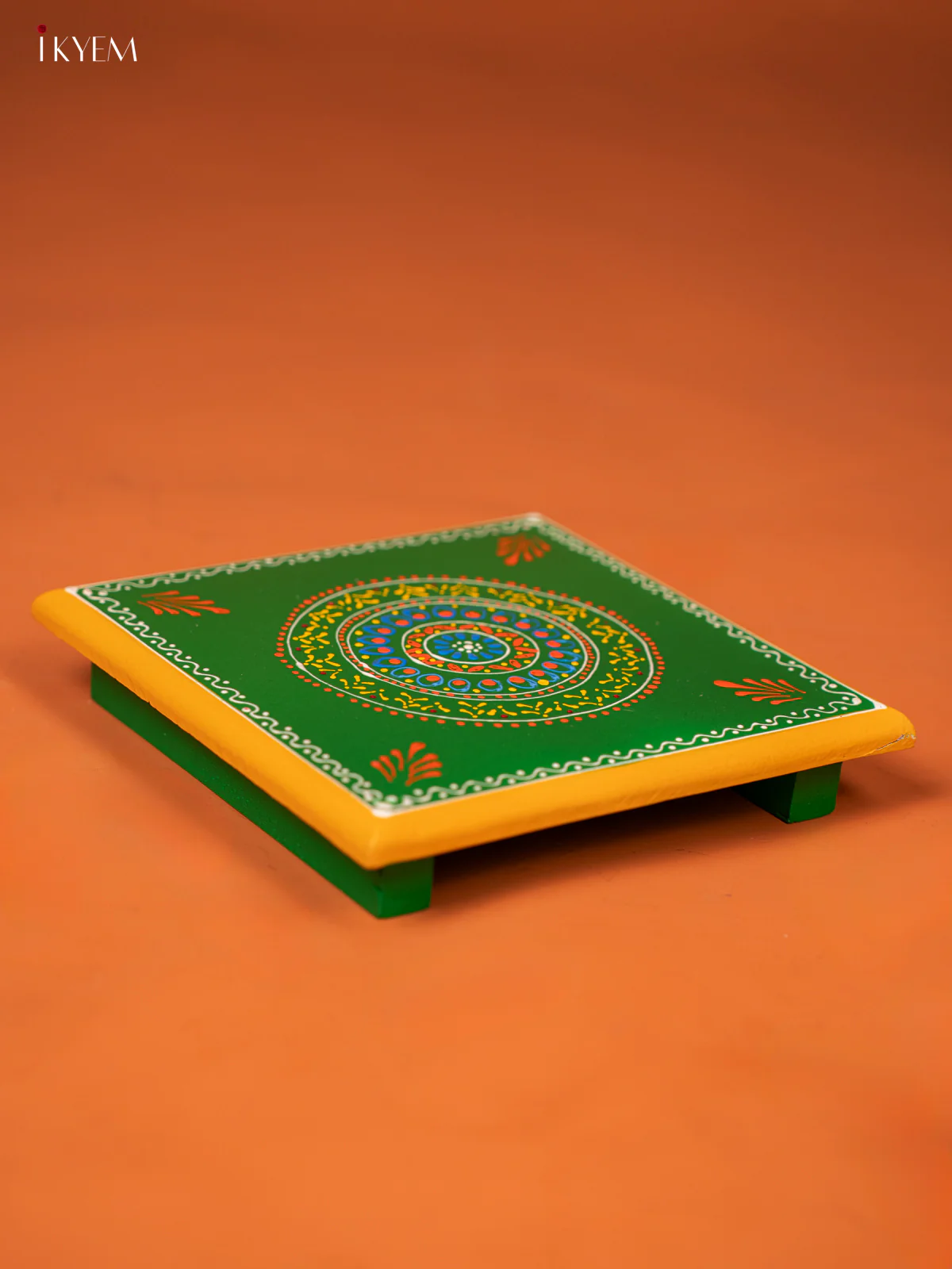 Green Hand-Painted Wooden Manai with Traditional Kolam Design (8*8) - KE27117 - Image 3