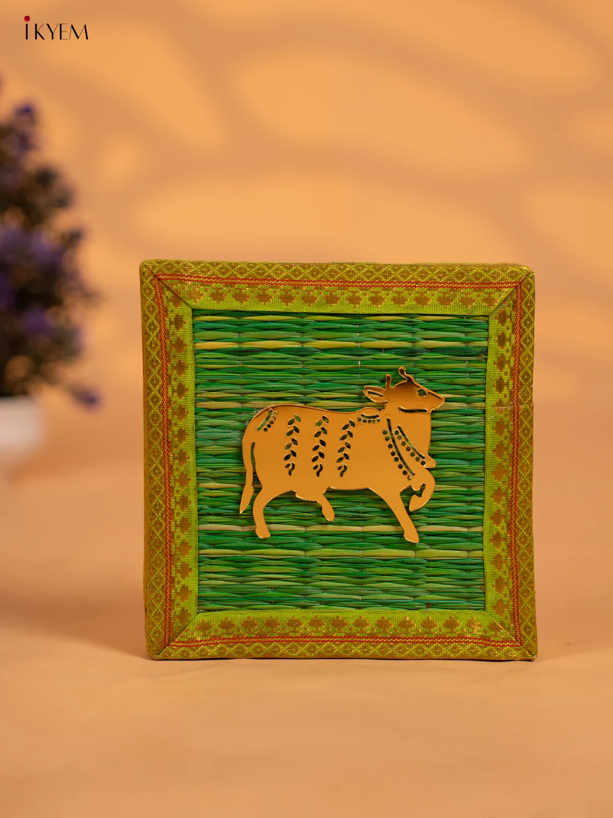 Green Korai Gift Box with Net Potli & Cow Motif - KB17149 - Image 3