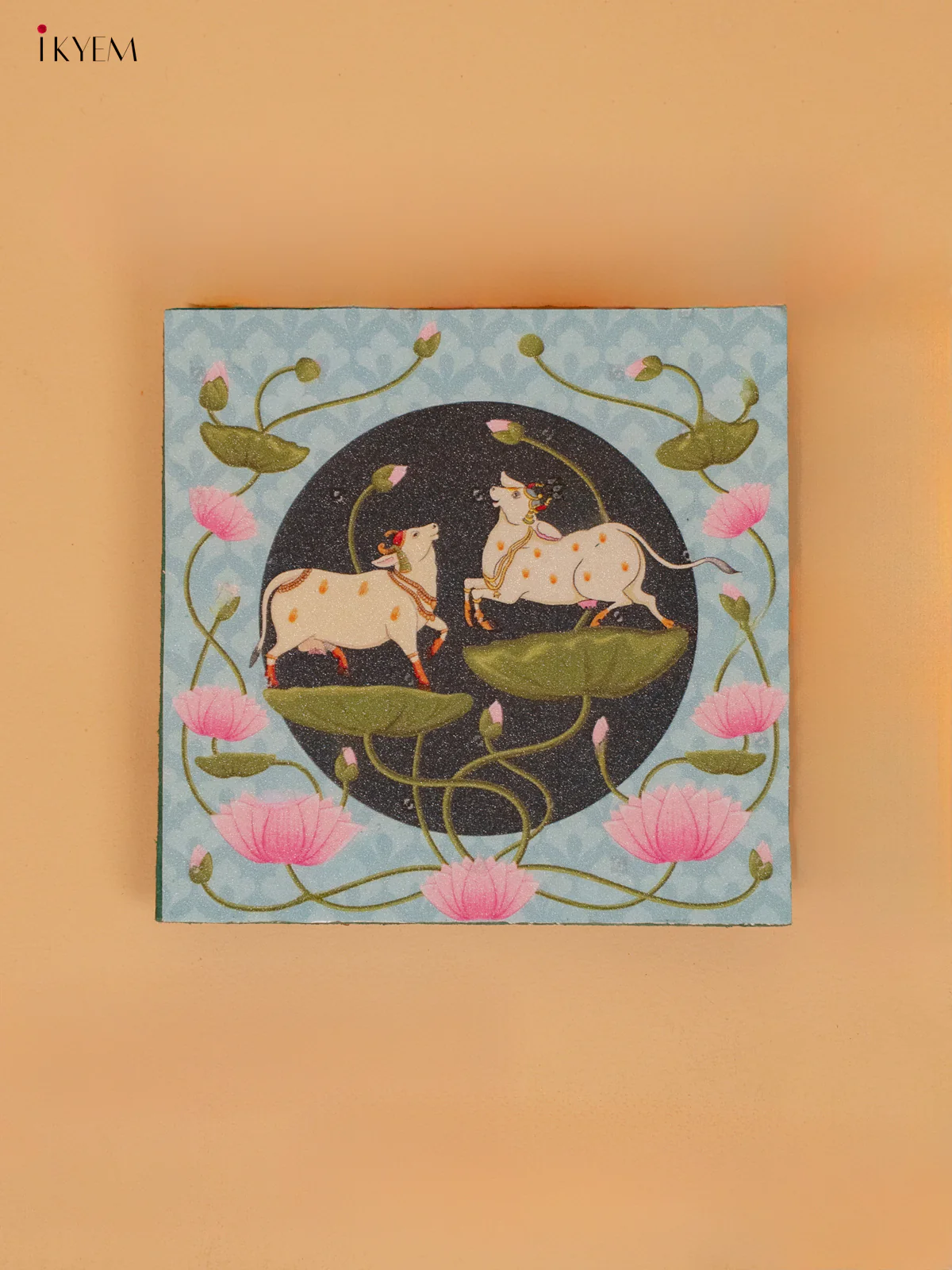 Handcrafted Pichwai Cow Green Wooden Manai - KC20118