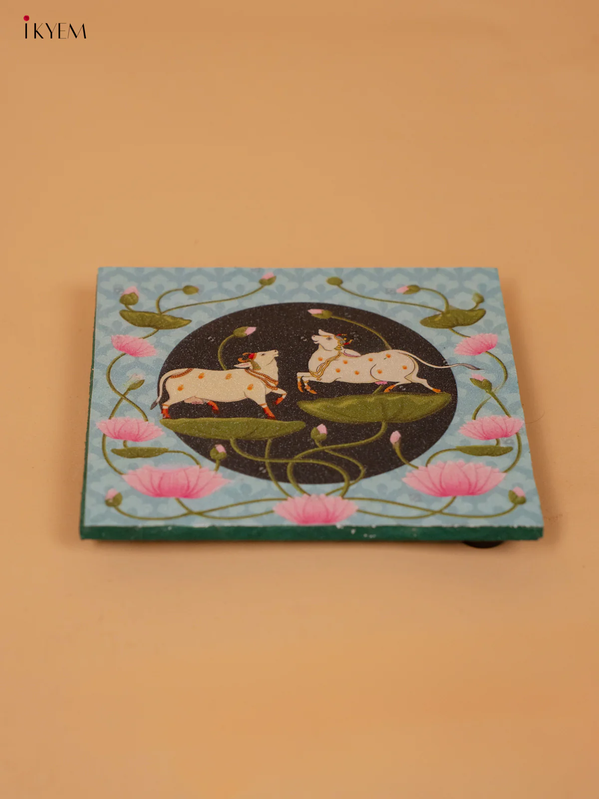 Handcrafted Pichwai Cow Green Wooden Manai - KC20118 - Image 2