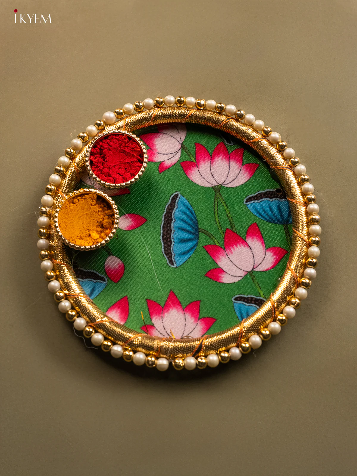 Pichwai Style Lotus Printed Green Plate with Haldi Kumkum Holder - KG31113