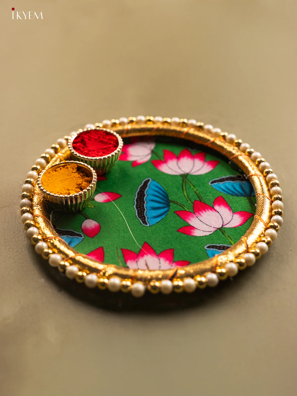 Pichwai Style Lotus Printed Green Plate with Haldi Kumkum Holder - KG31113 - Image 2