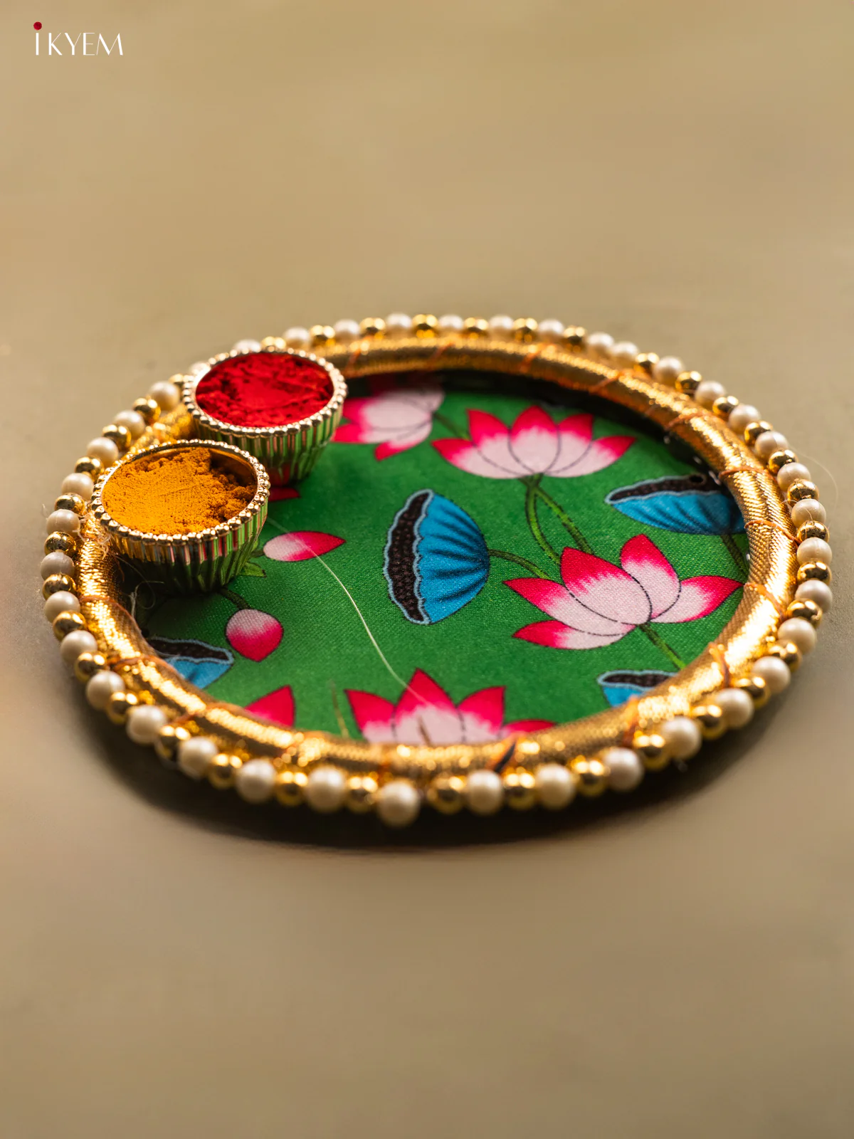 Pichwai Style Lotus Printed Green Plate with Haldi Kumkum Holder - KG31113 - Image 3