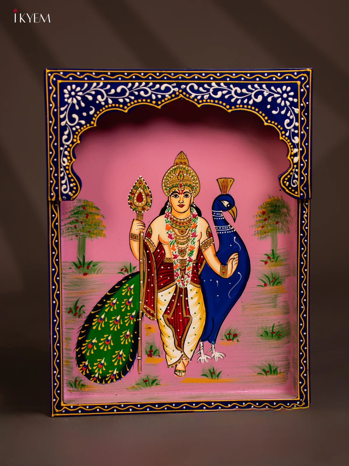 Hand-Painted Wooden Murugan with Peacock Wall Frame - 12 Inches - KG01134