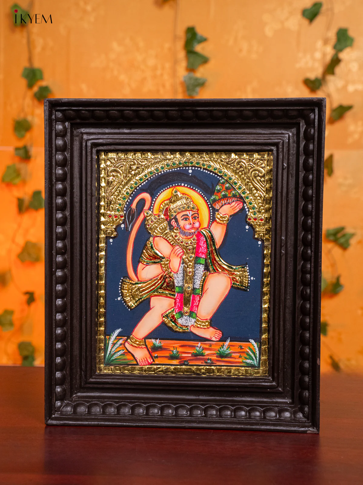 Exquisite Hanuman with Sanjeevi Mountain Thanjavur Painting (13x11 Inch) - KH26146
