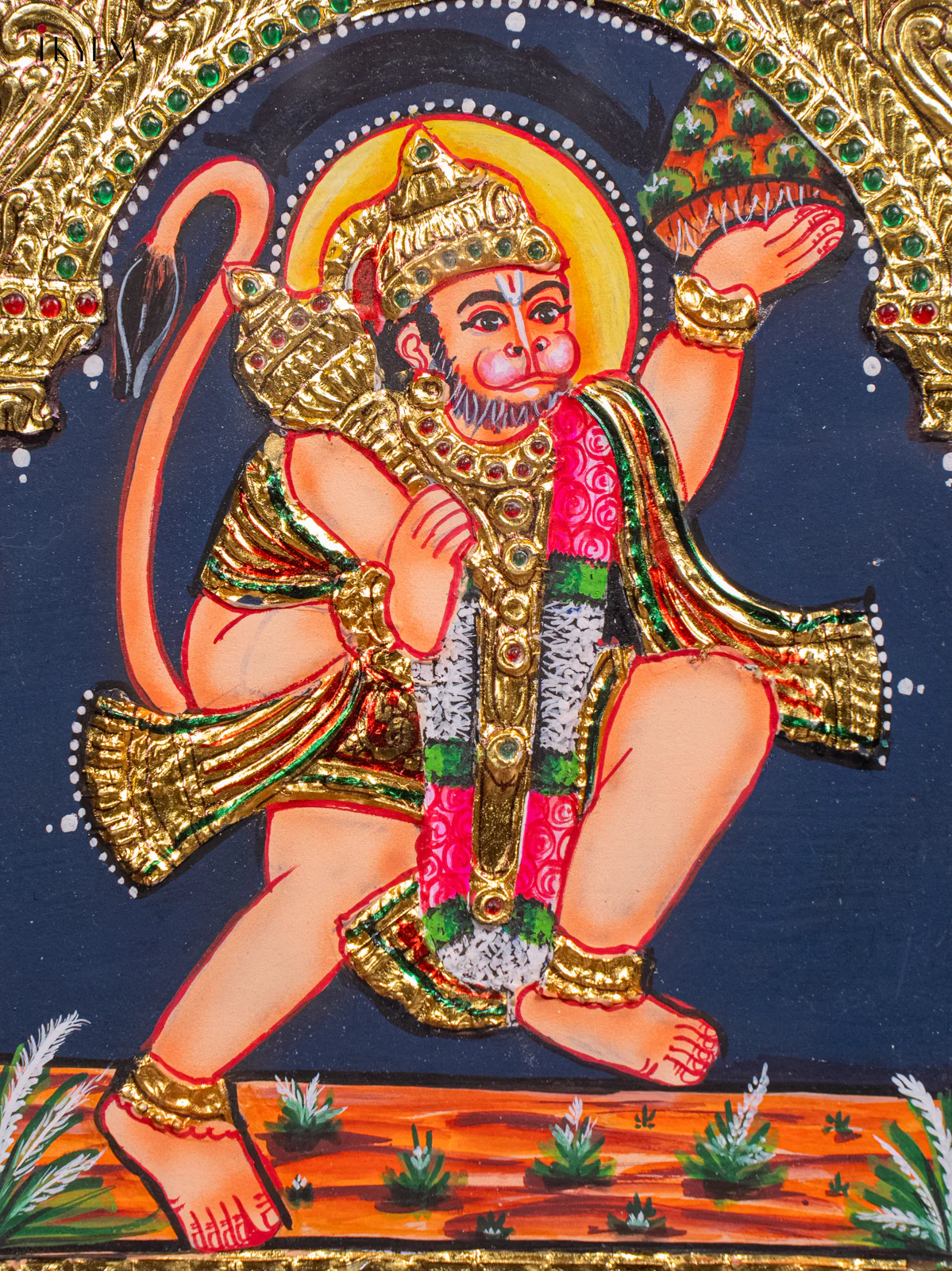 Exquisite Hanuman with Sanjeevi Mountain Thanjavur Painting (13x11 Inch) - KH26146 - Image 3