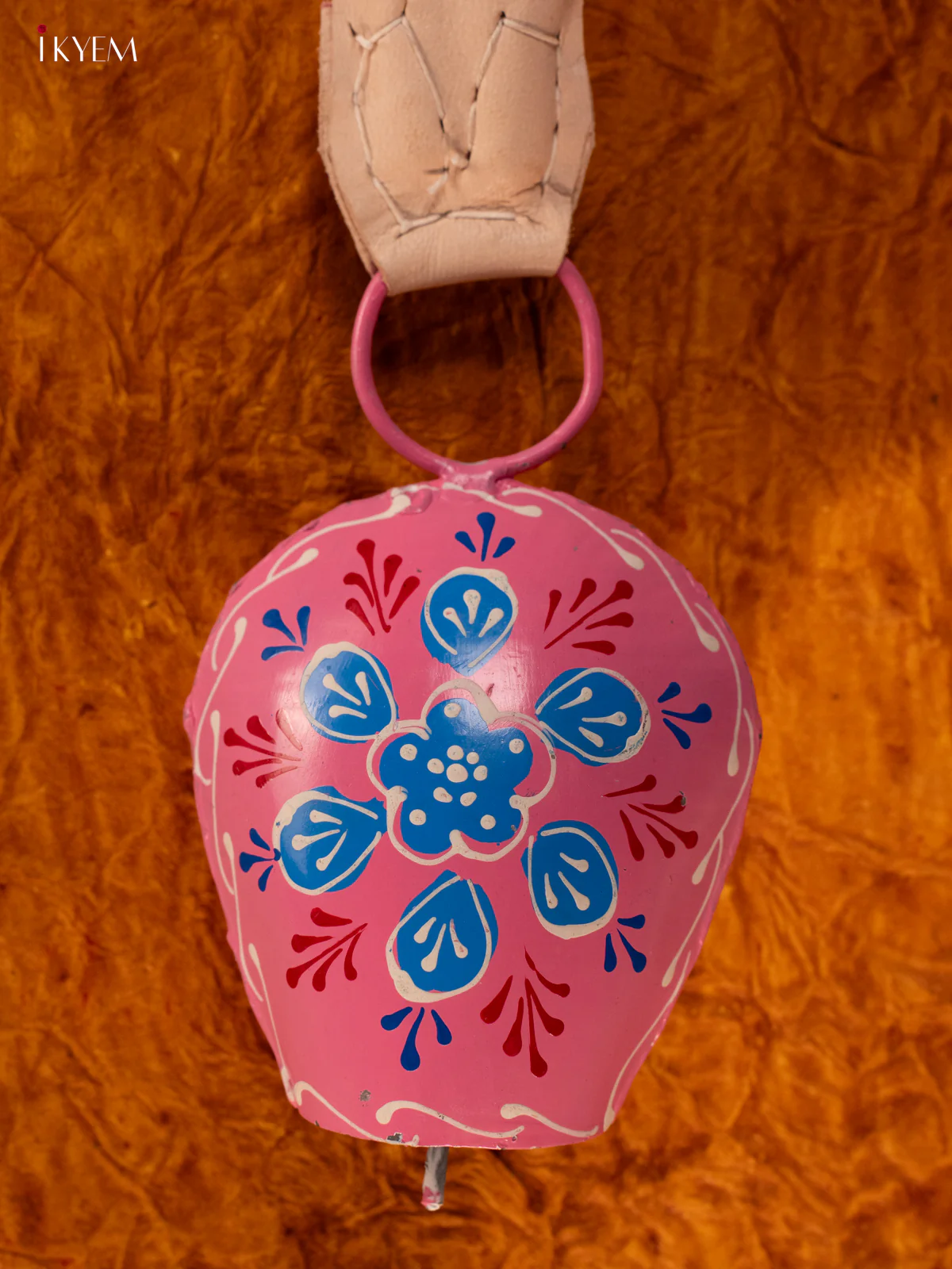 Hand Painted Cow Bell with Leather Handle - Small - Pink with Blue - KA11118 - Image 2