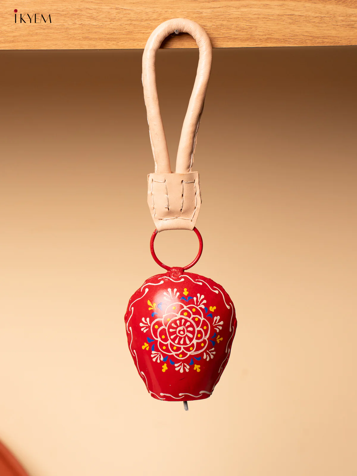 Hand Painted Cow Bell with Leather Handle - Small - Red with White - KA11129