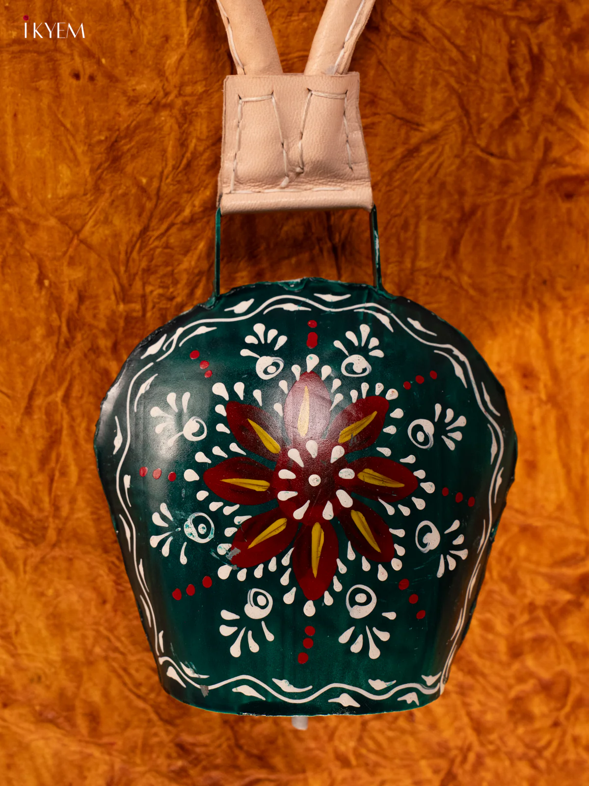 Hand Painted Cow Bell with Leather Handle - Medium - Green with Red - KA11138 - Image 2