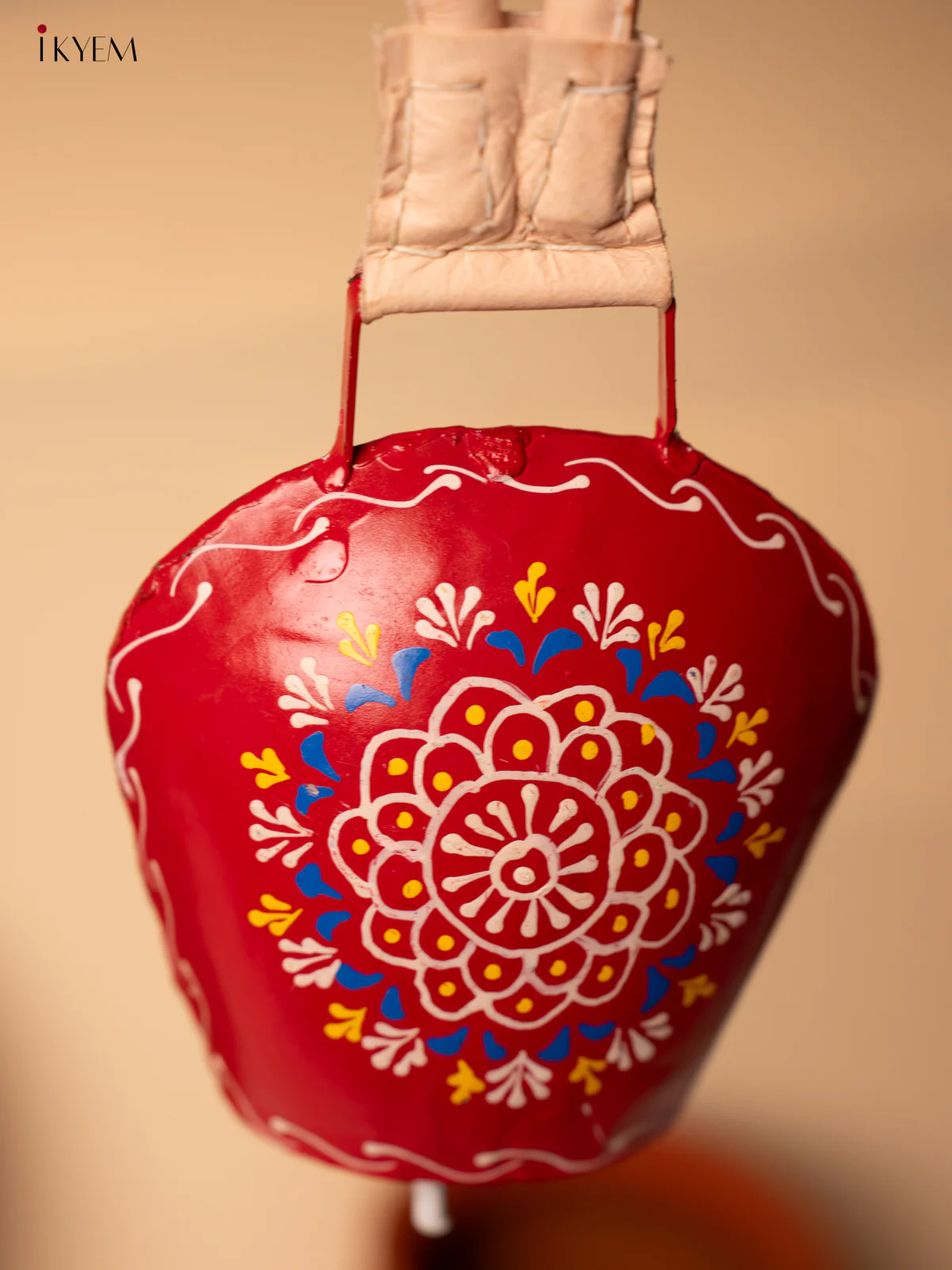 Hand Painted Cow Bell with Leather Handle - Medium - Red with White - KA11142 - Image 2