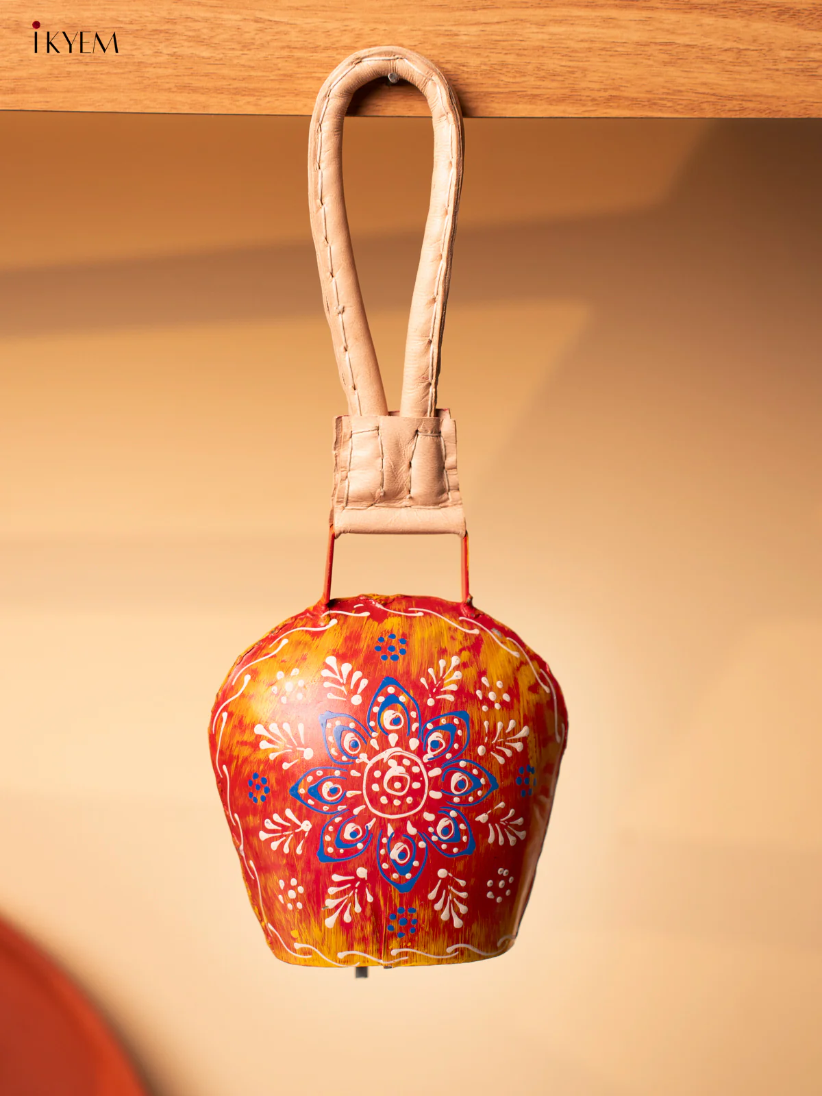 Hand Painted Cow Bell with Leather Handle - Big - Multicolour - KA11149