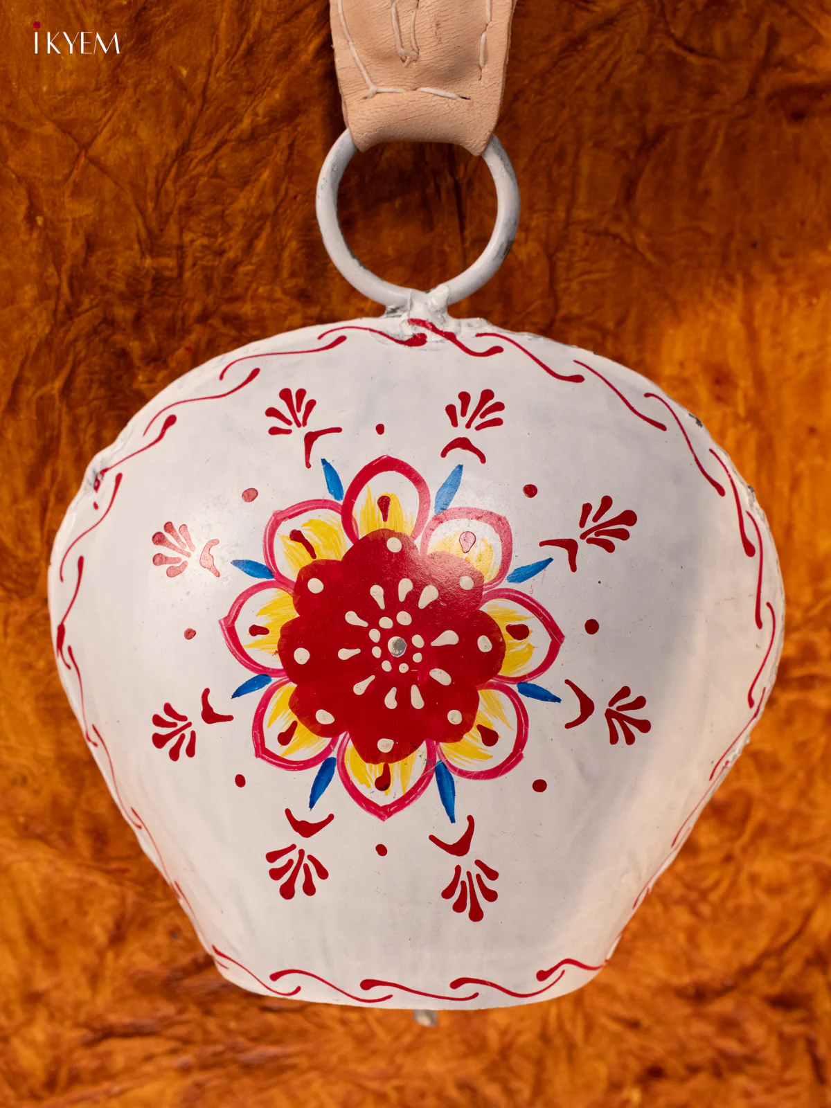 Hand Painted Cow Bell with Leather Handle - Big - White with Red - KA11151 - Image 2