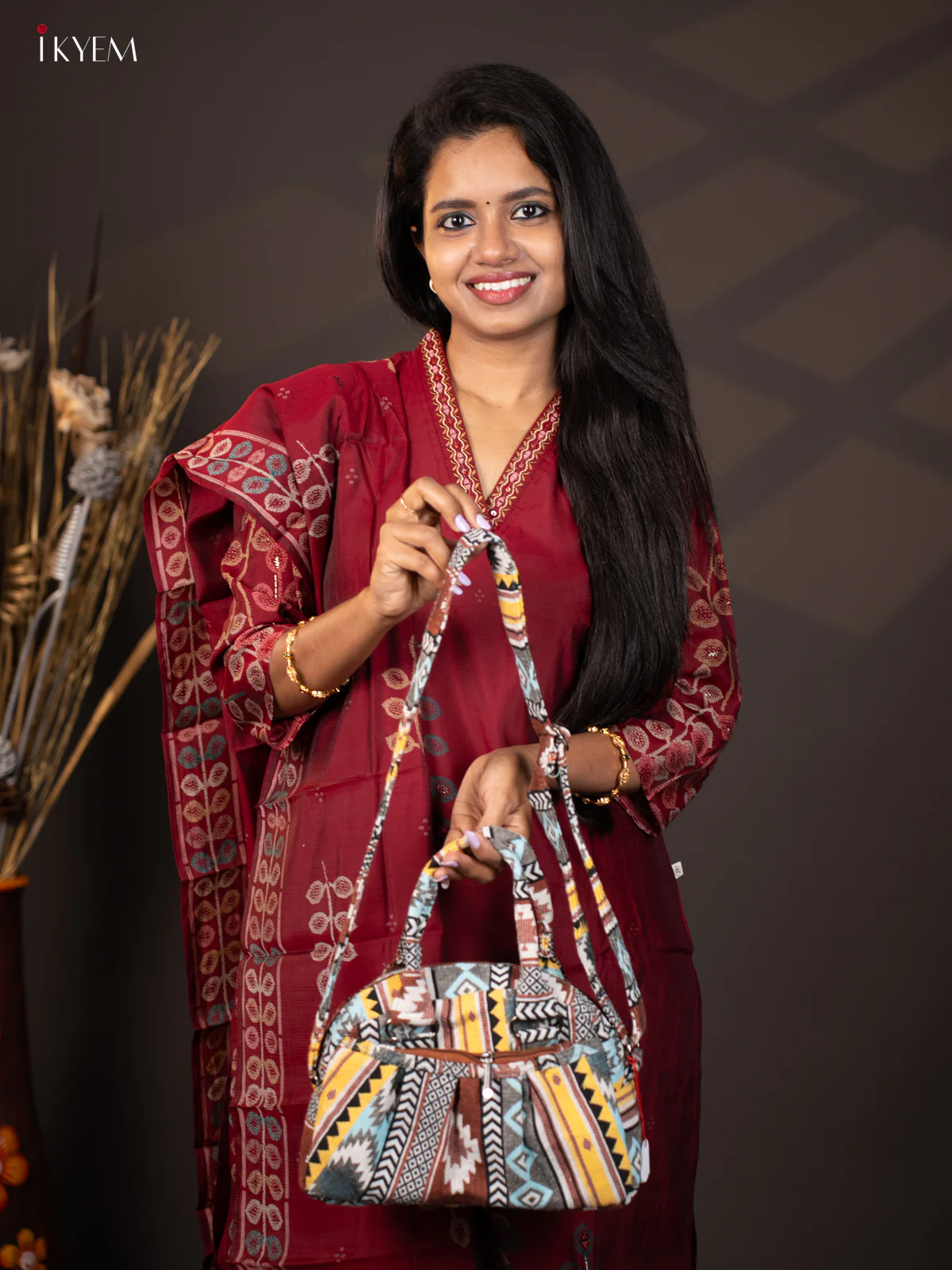 Printed Crushed Jute Sling Bag - Yellow & Brown - KA18129