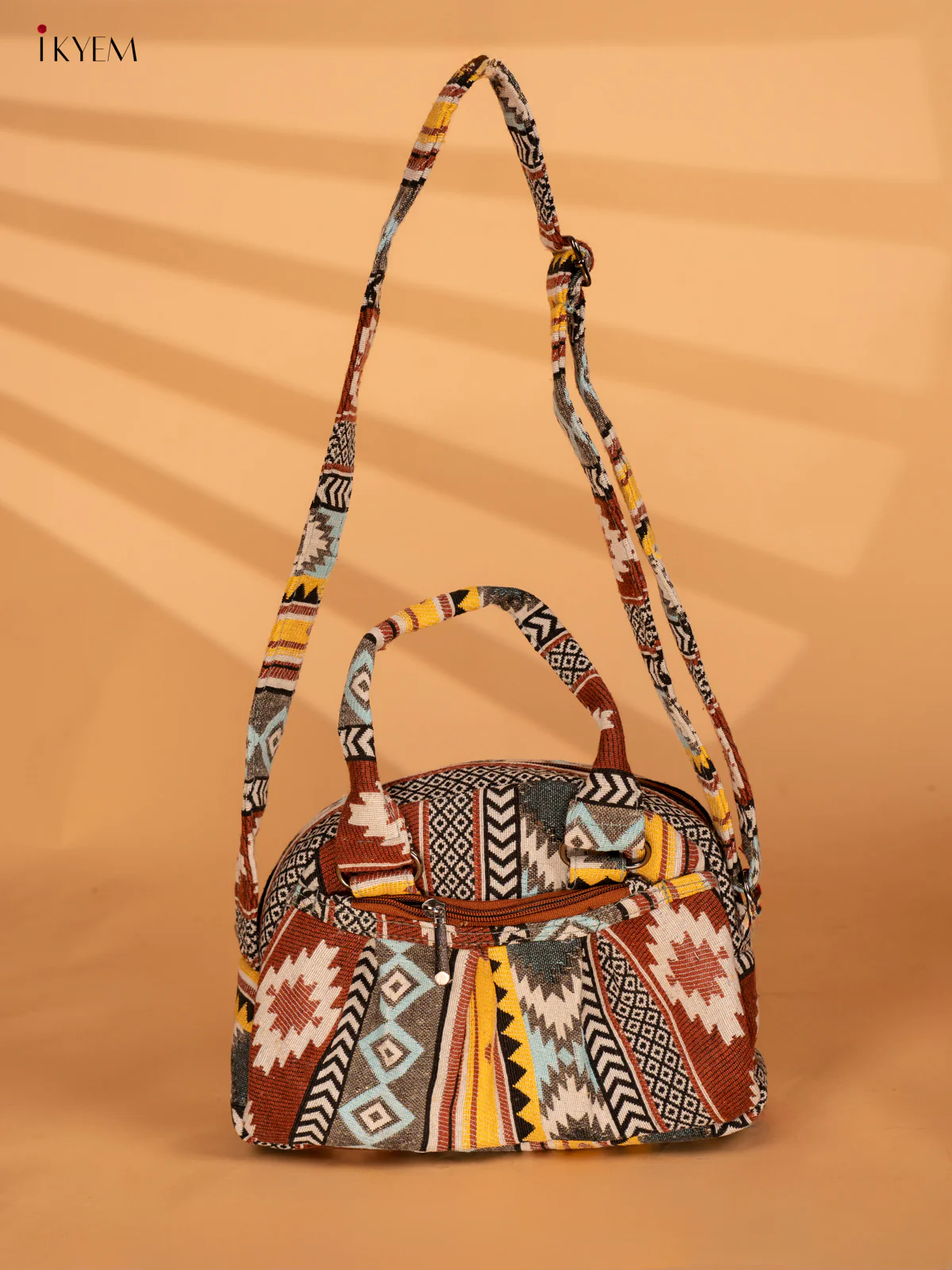 Printed Crushed Jute Sling Bag - Yellow & Brown - KA18129 - Image 5