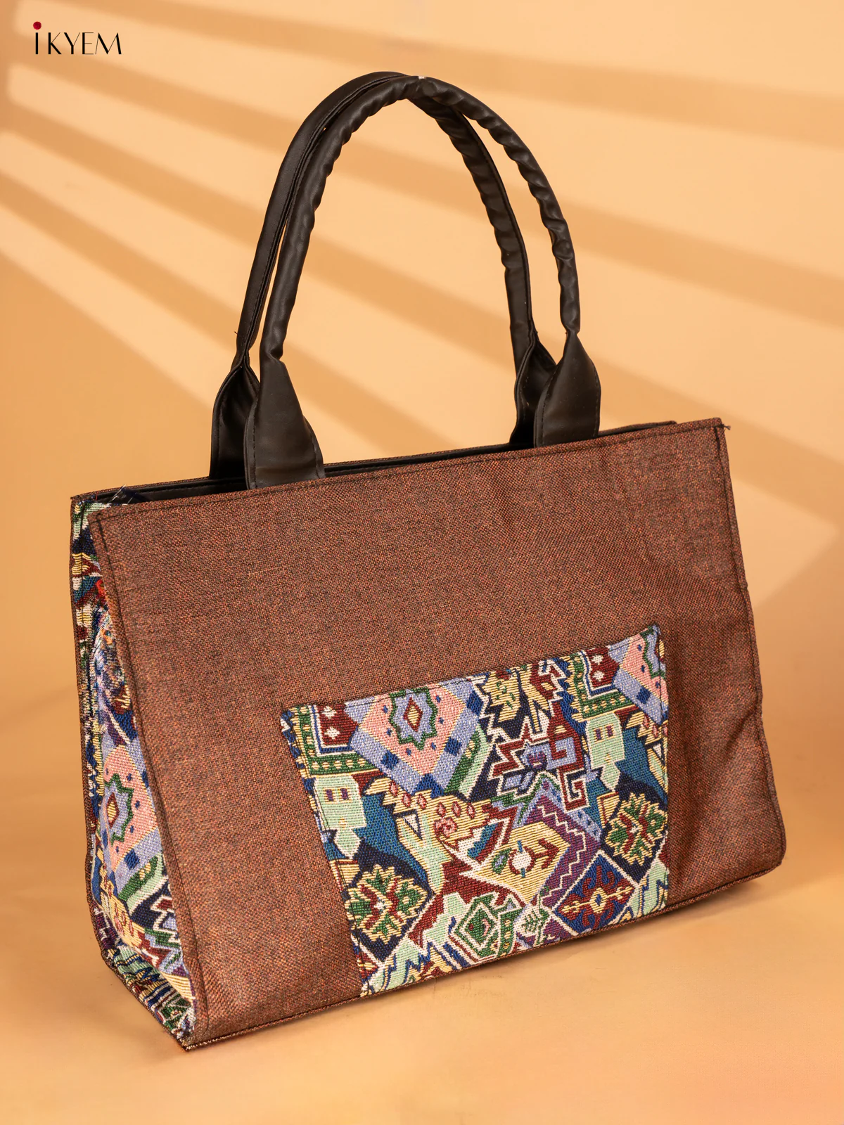 Jacquard Handbag with Leather Sling - Brown - KA18143 - Image 3