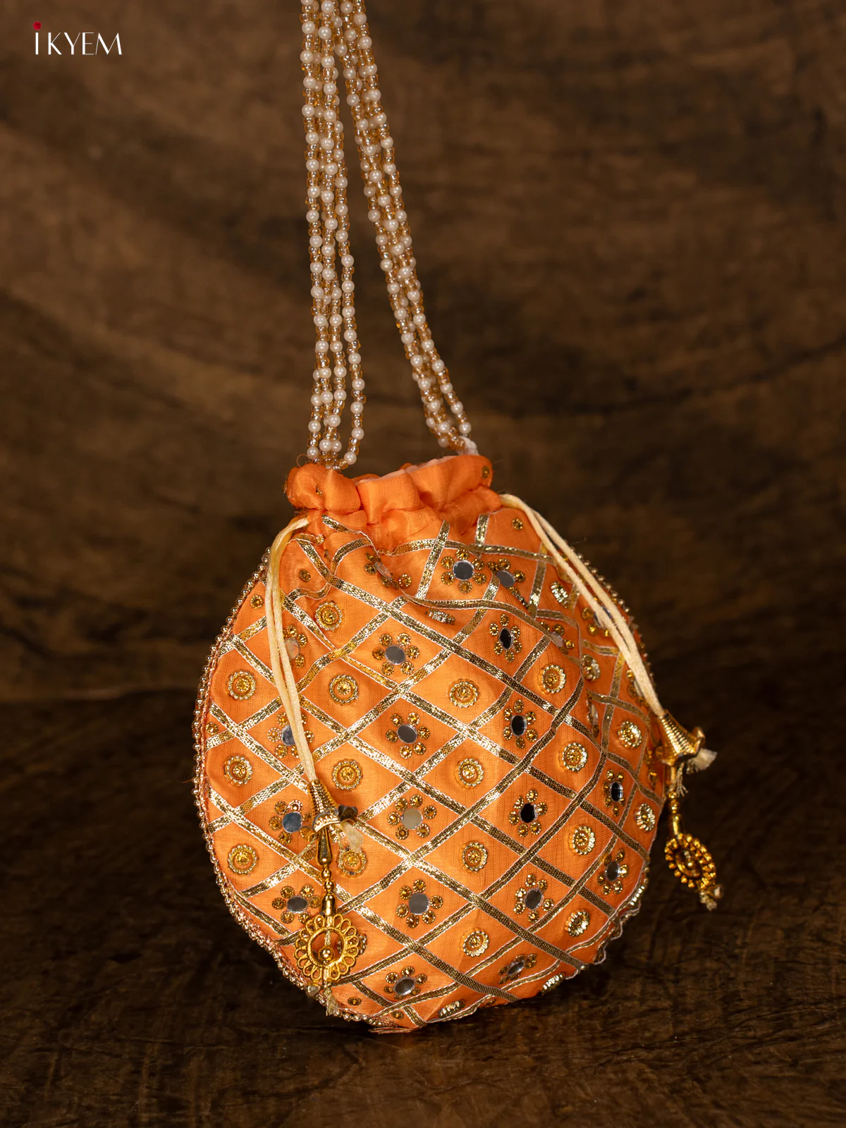 Designer Potli Bag with Mirror Work - Orange - KA18155 - Image 3