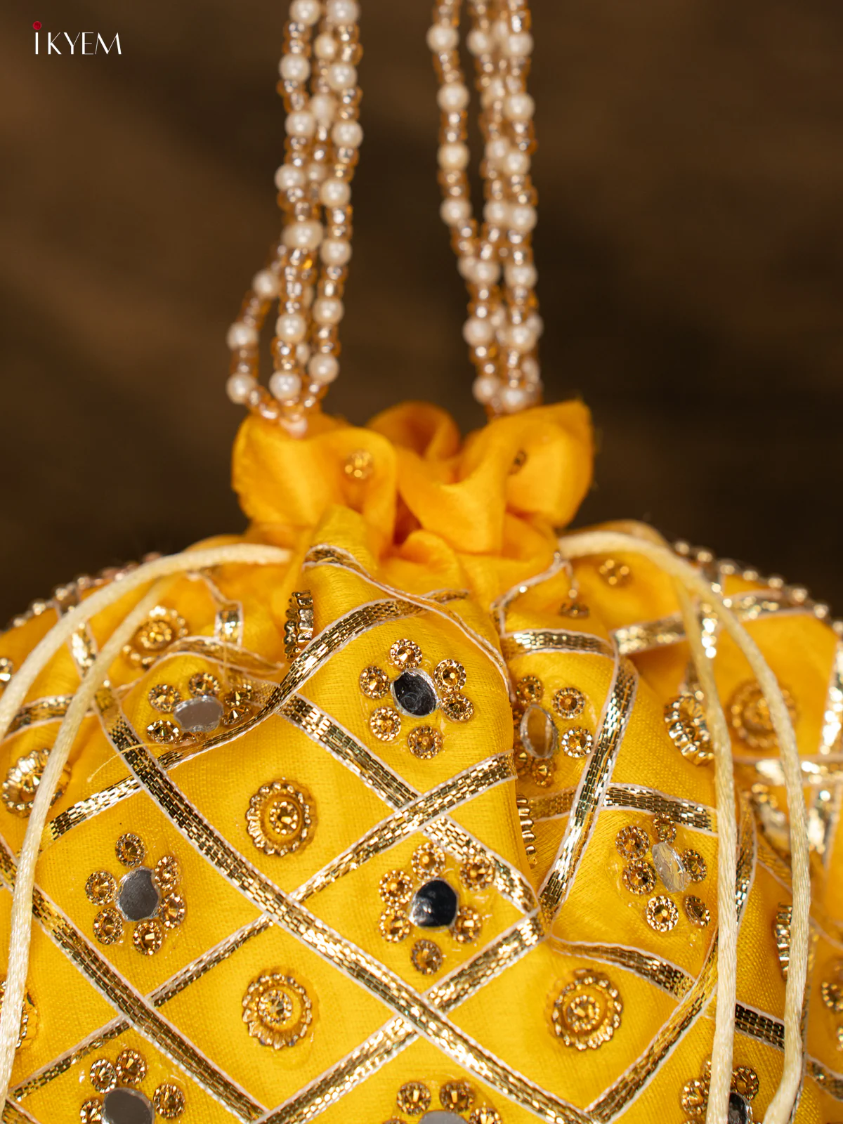 Designer Potli Bag with Mirror Work - Yellow - KA18156 - Image 4
