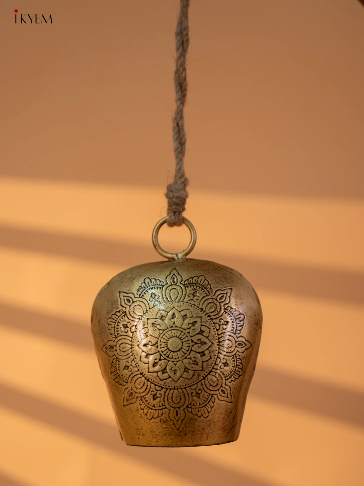 Metal cow Bell with Fine flower Etching & handle Rope- SMALL - KA21120
