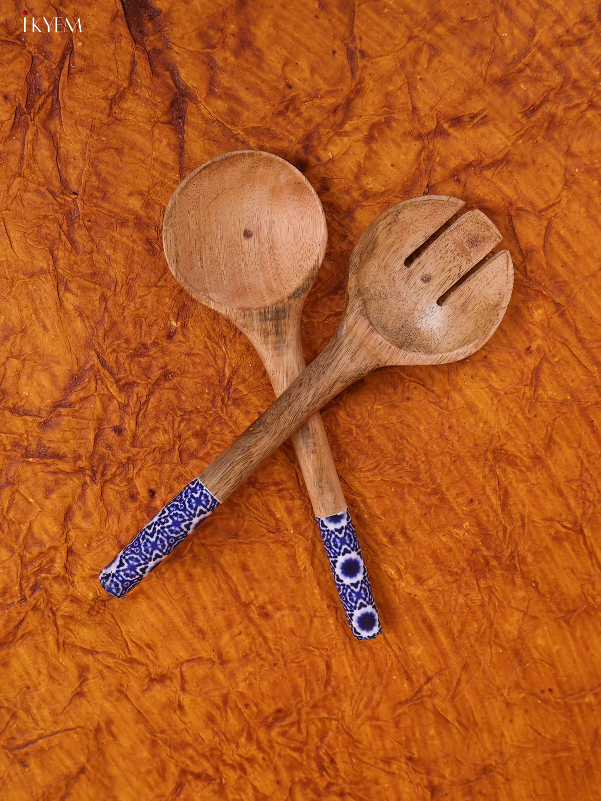 Wooden crockery Bowl Large Fork with Spoon Set - Blue - KA22117 - Image 5