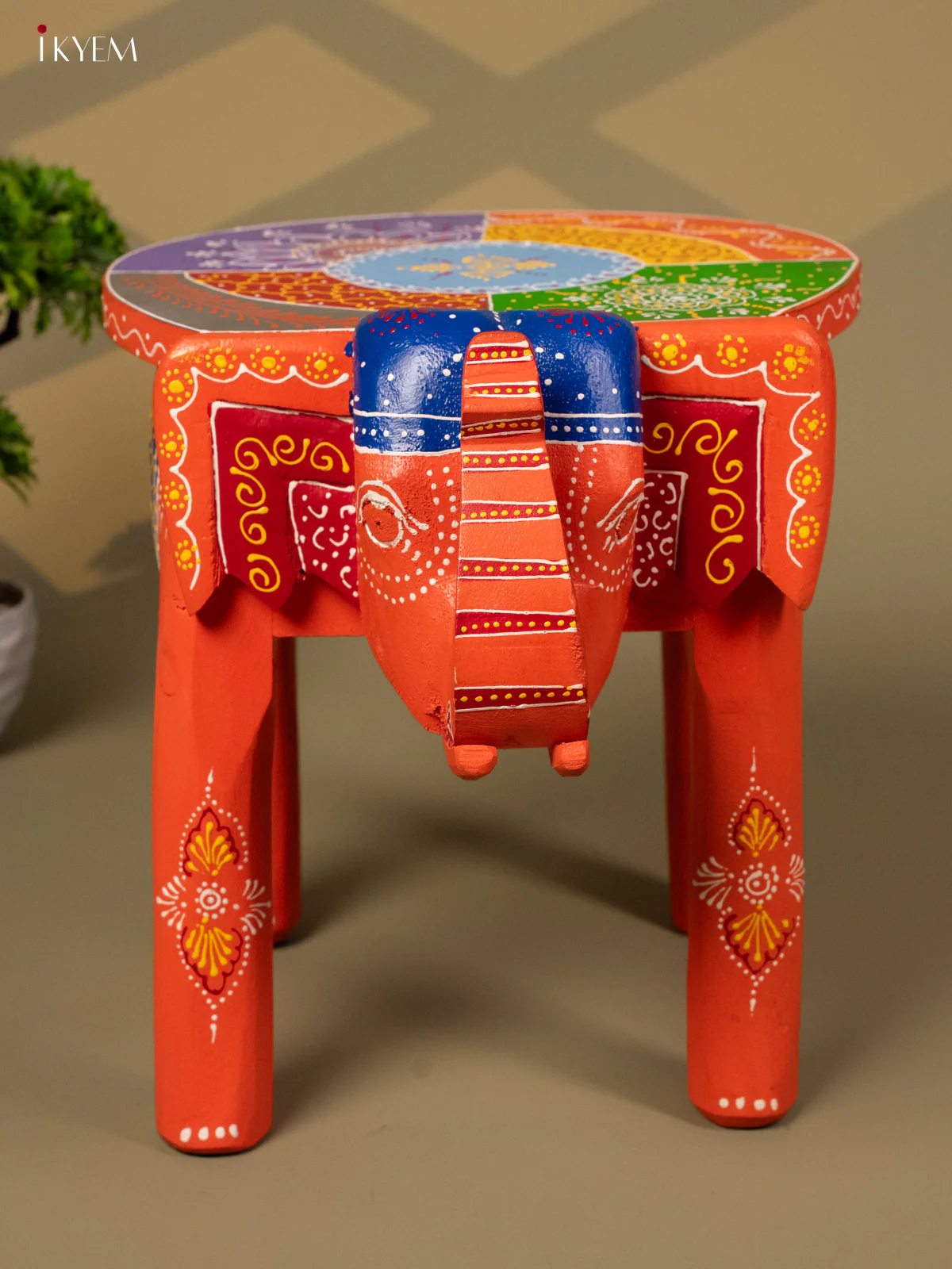 Hand Painted Elephant Stool - Orange - 12 inch - KA30127 - Image 3