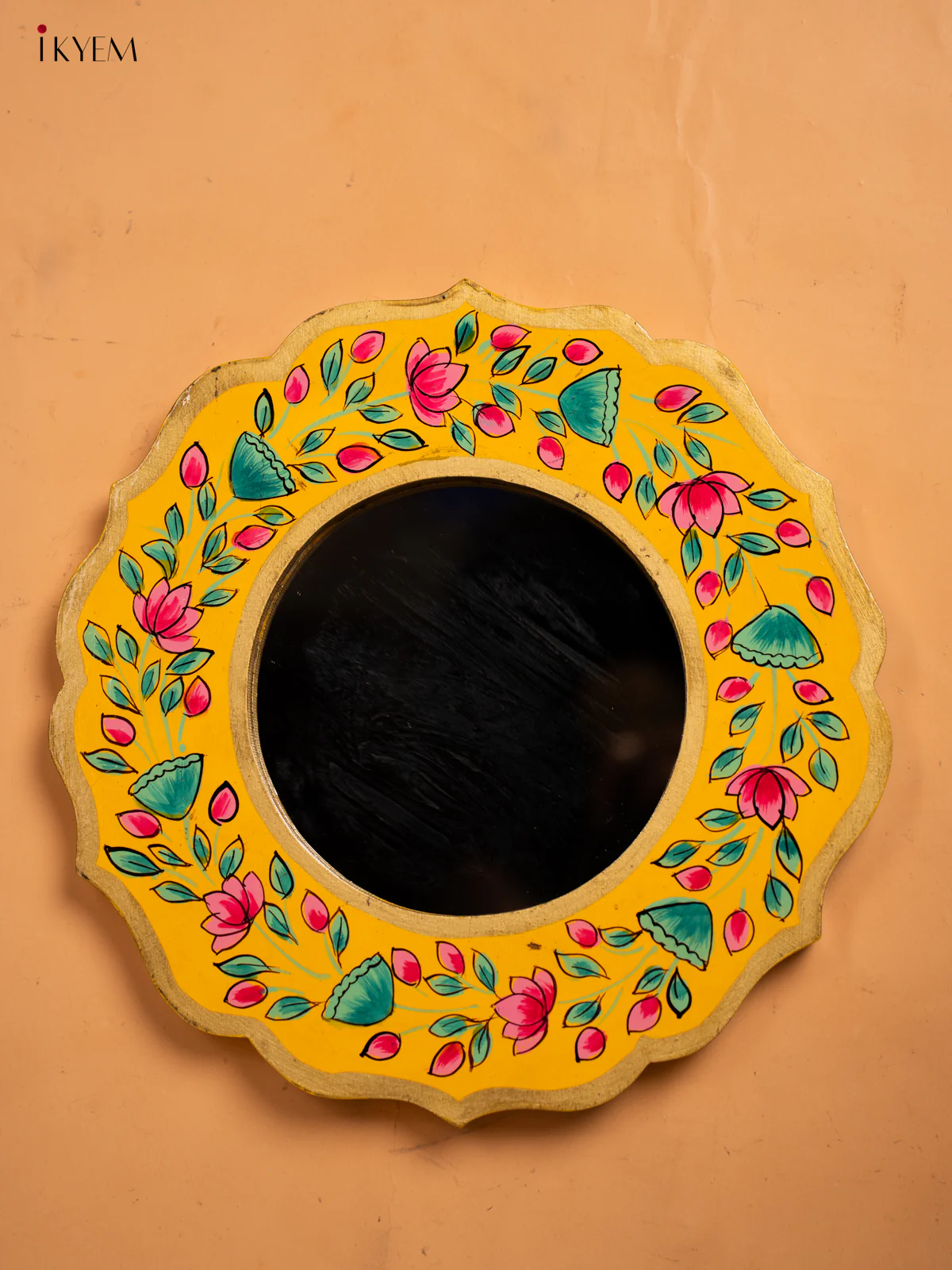 Wooden Hand Painted Round Mirror Frame - 11 inch - Yellow - KA30152 - Image 4