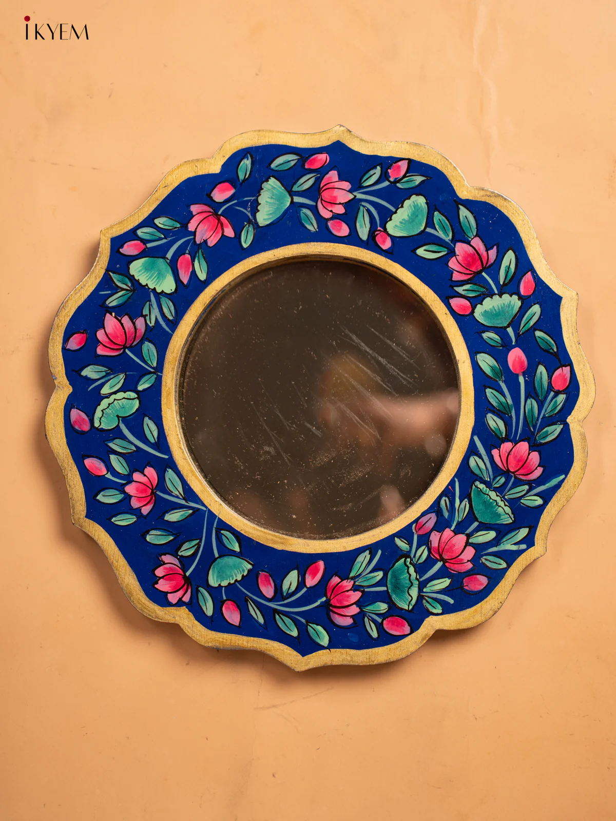 Wooden Hand Painted Round Mirror Frame - 11 inch - Blue -KA30153 - Image 4
