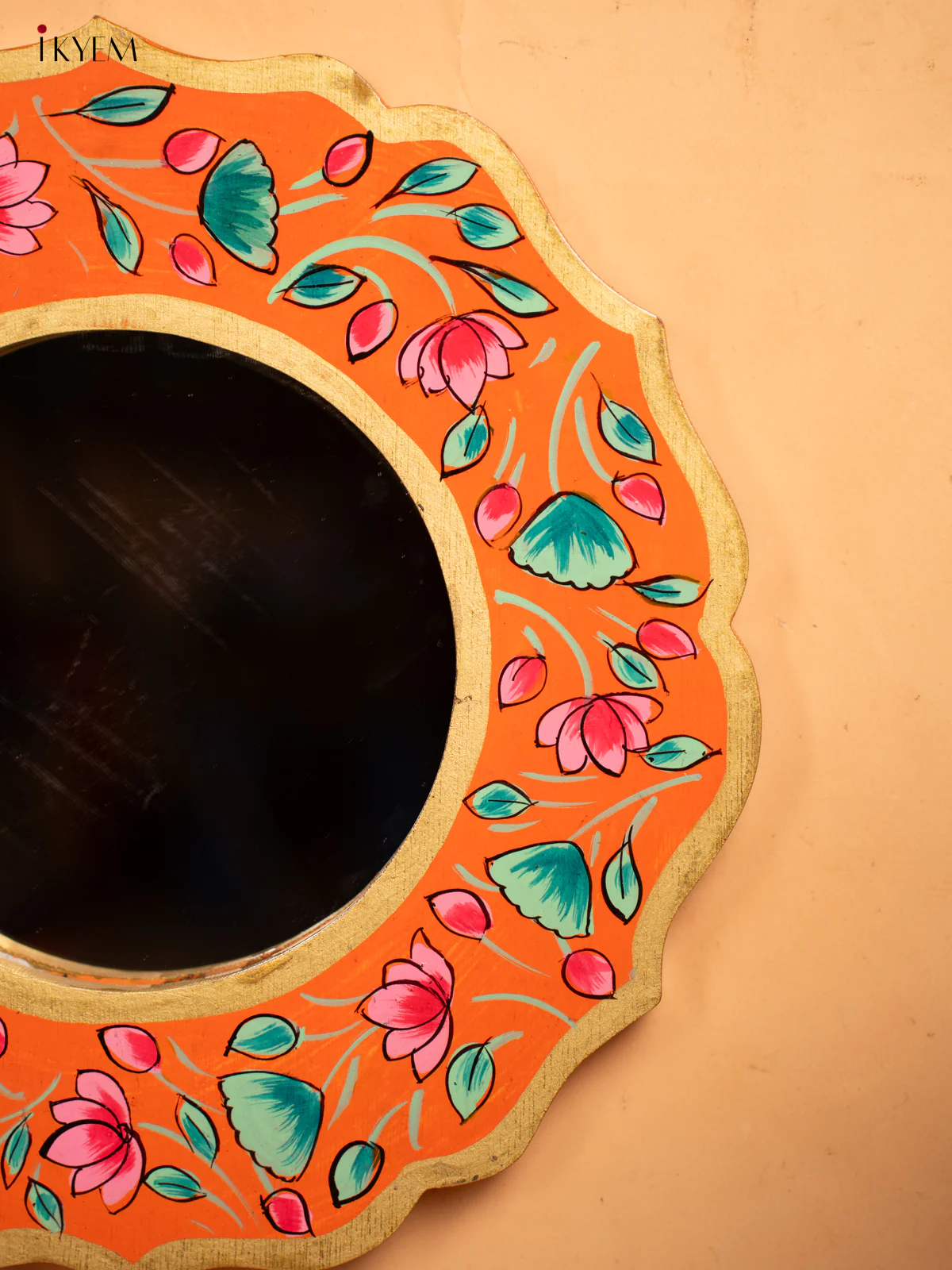 Wooden Hand Painted Round Mirror Frame - 11 inch - Orange - KA30154 - Image 4
