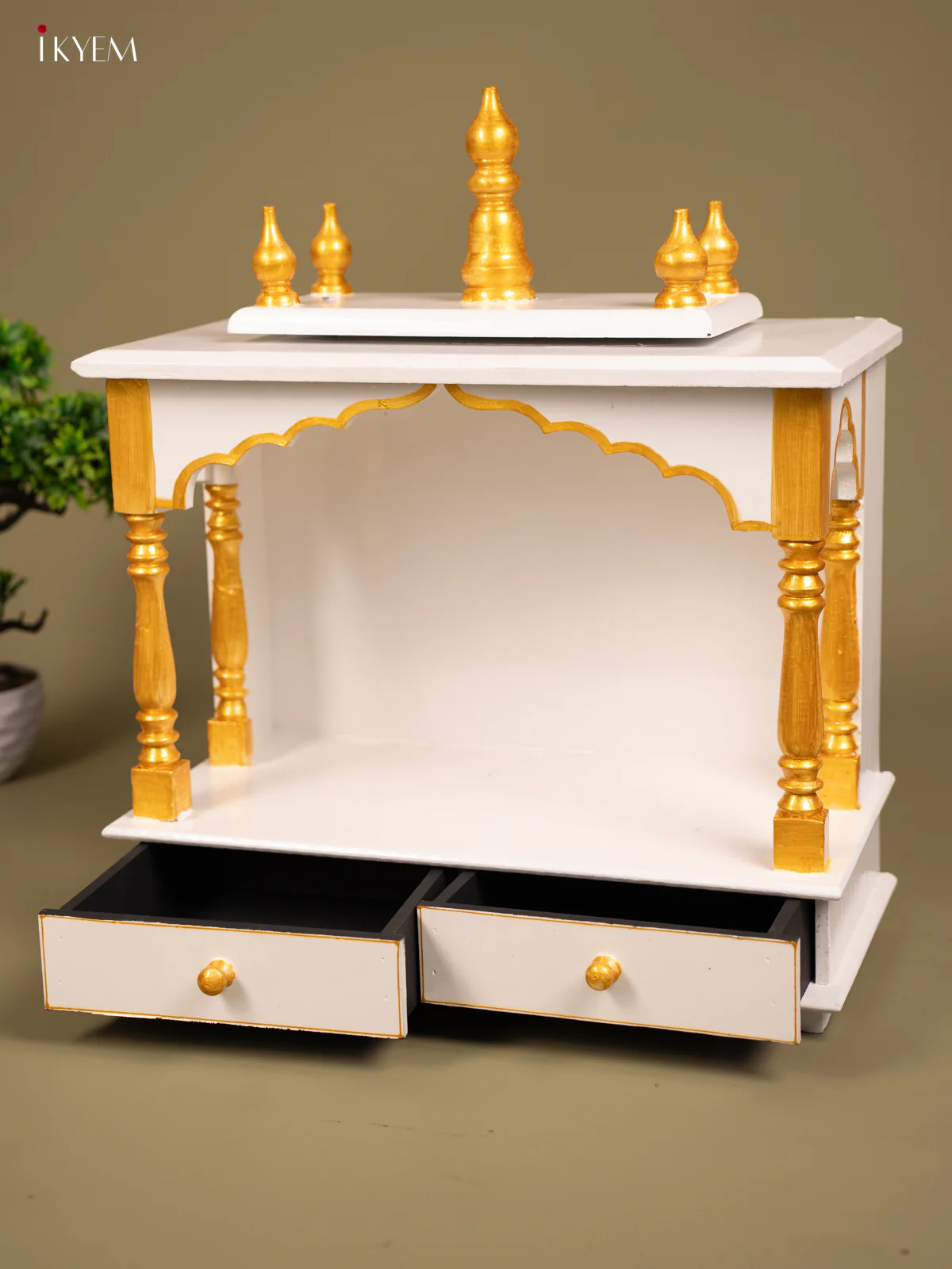 Wooden Hand Painted Mandir with 2 Drawers - 22 Inch white & Gold - KB04115 - Image 3