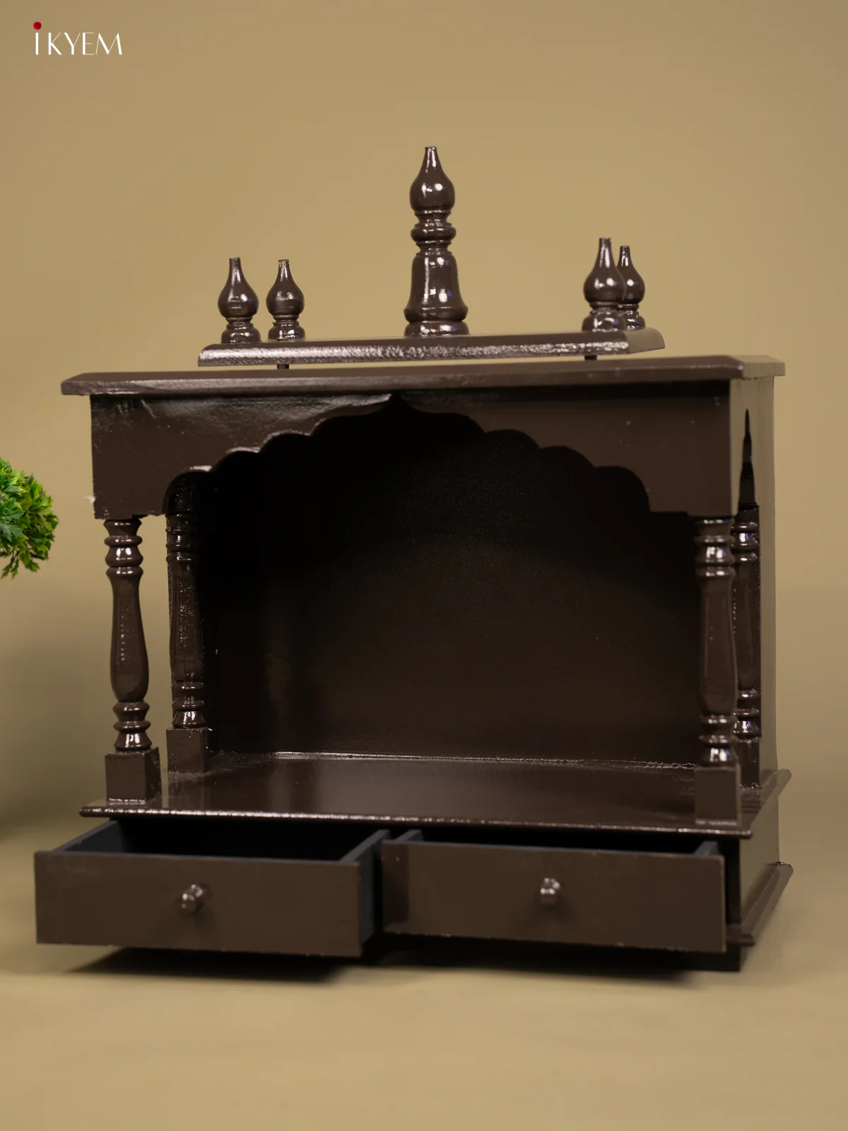Wooden Hand Painted Mandir with 2 Drawers -22 Inch- Brown - KB04116 - Image 4