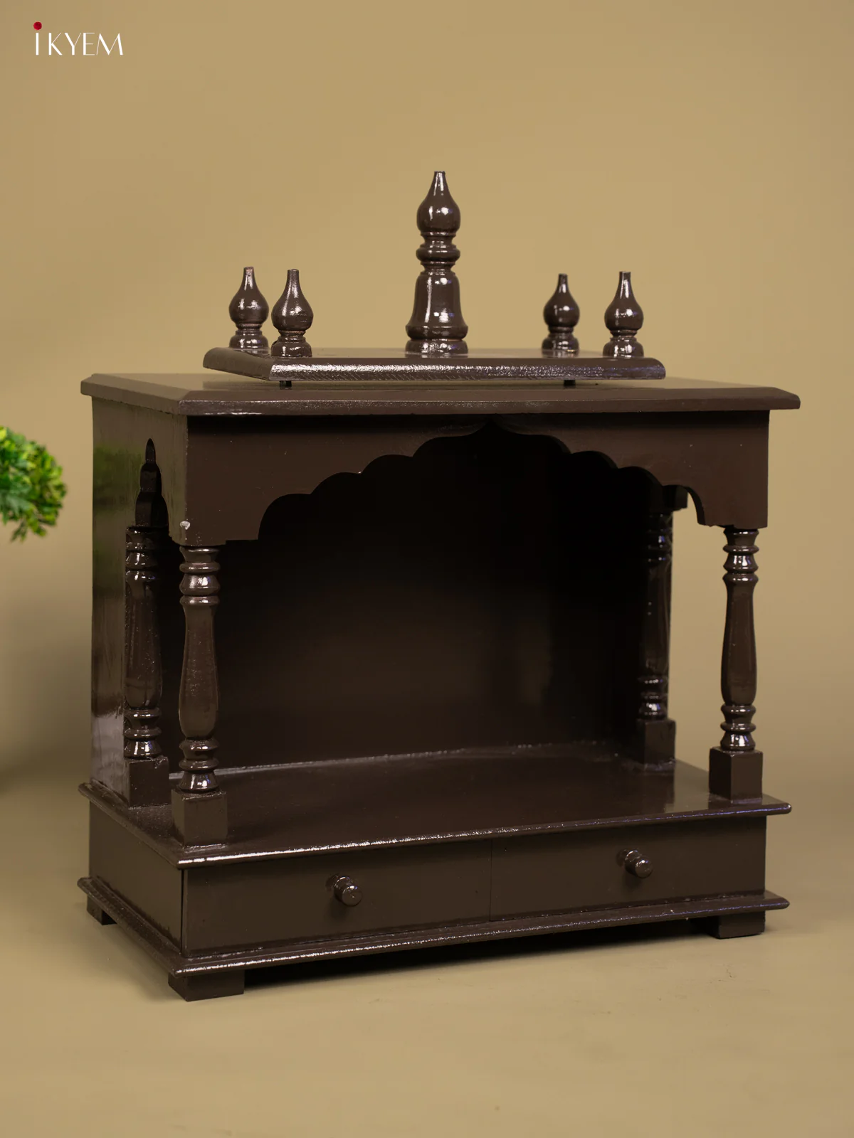 Wooden Hand Painted Mandir with 2 Drawers -22 Inch- Brown - KB04116 - Image 5