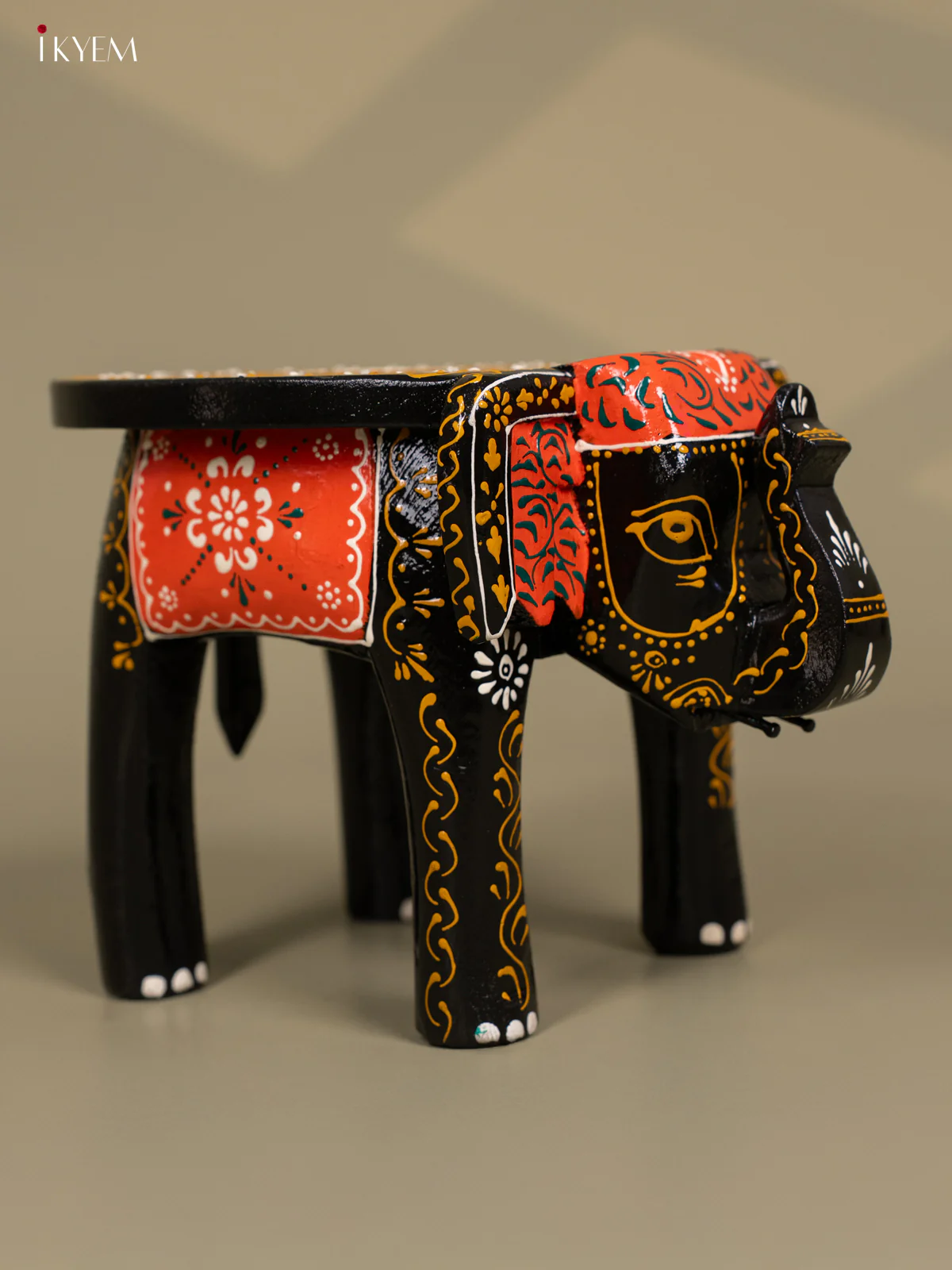 Wooden Hand Painted Elephant Stool Black 6 Inch - KB04117 - Image 6