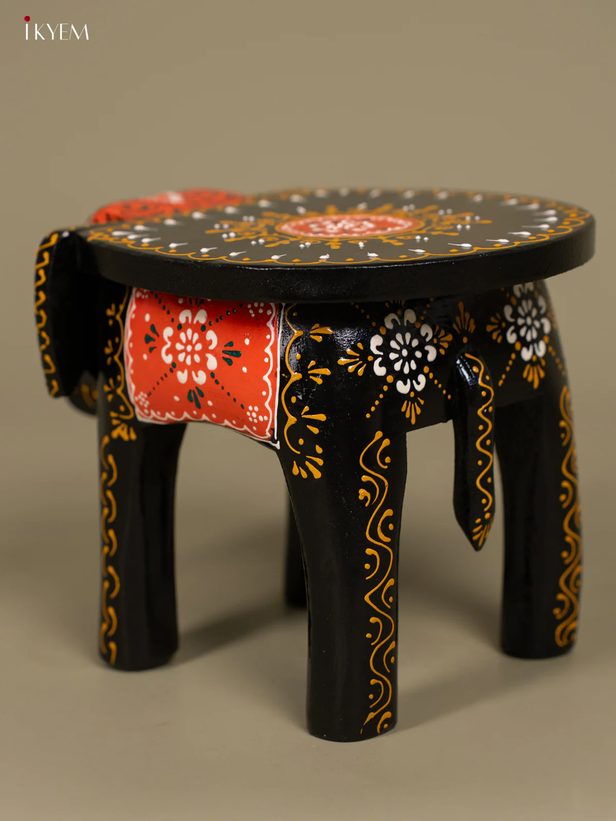 Wooden Hand Painted Elephant Stool Black 6 Inch - KB04117 - Image 7