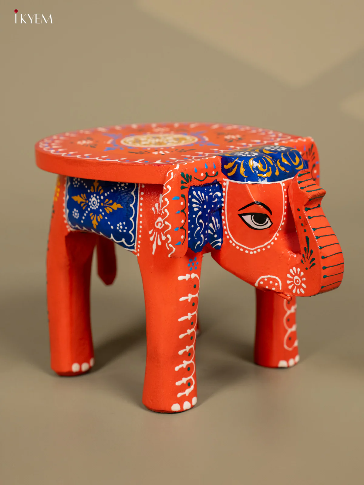 Wooden Hand Painted Elephant Stool Orange 6 Inch - KB04118 - Image 2