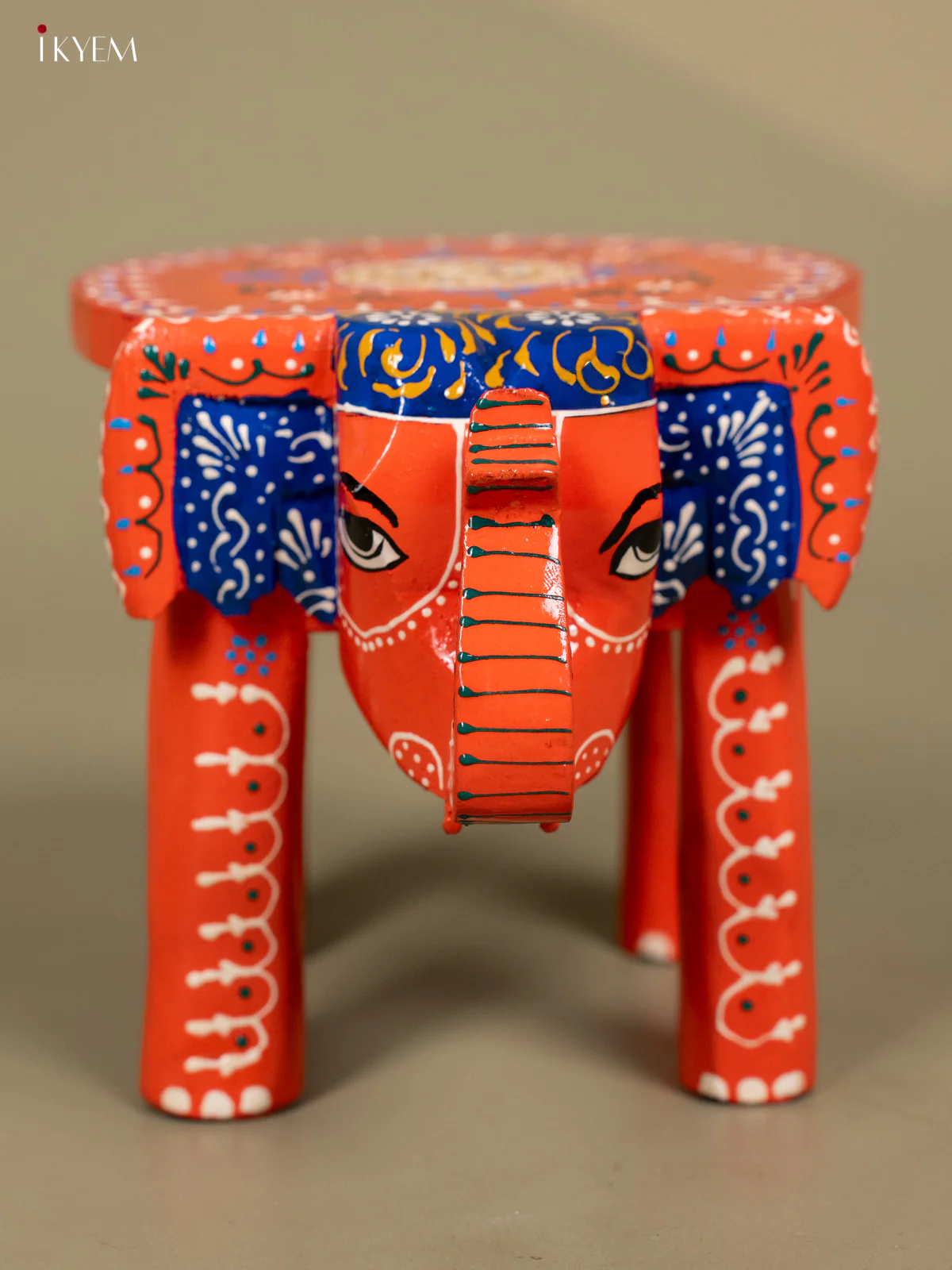 Wooden Hand Painted Elephant Stool Orange 6 Inch - KB04118 - Image 4