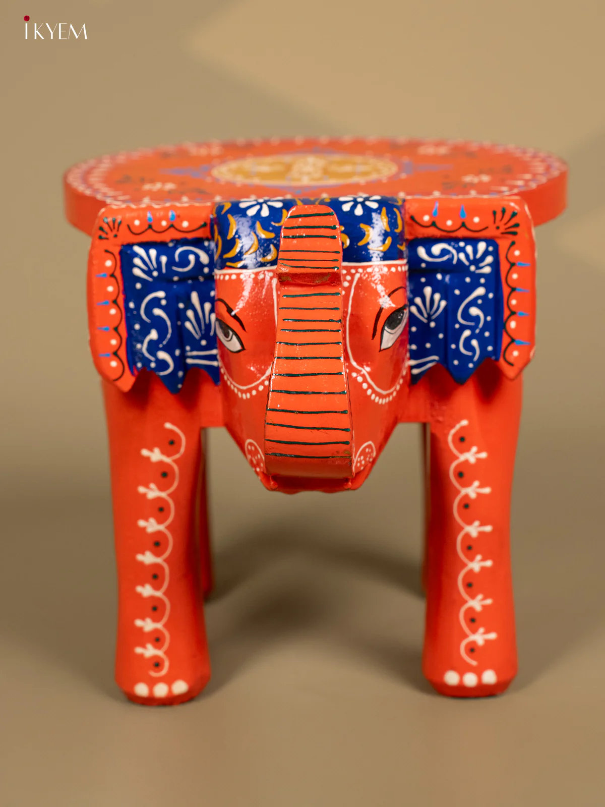 Wooden Hand Painted Elephant Stool Orange 8 Inch - KB04119 - Image 4