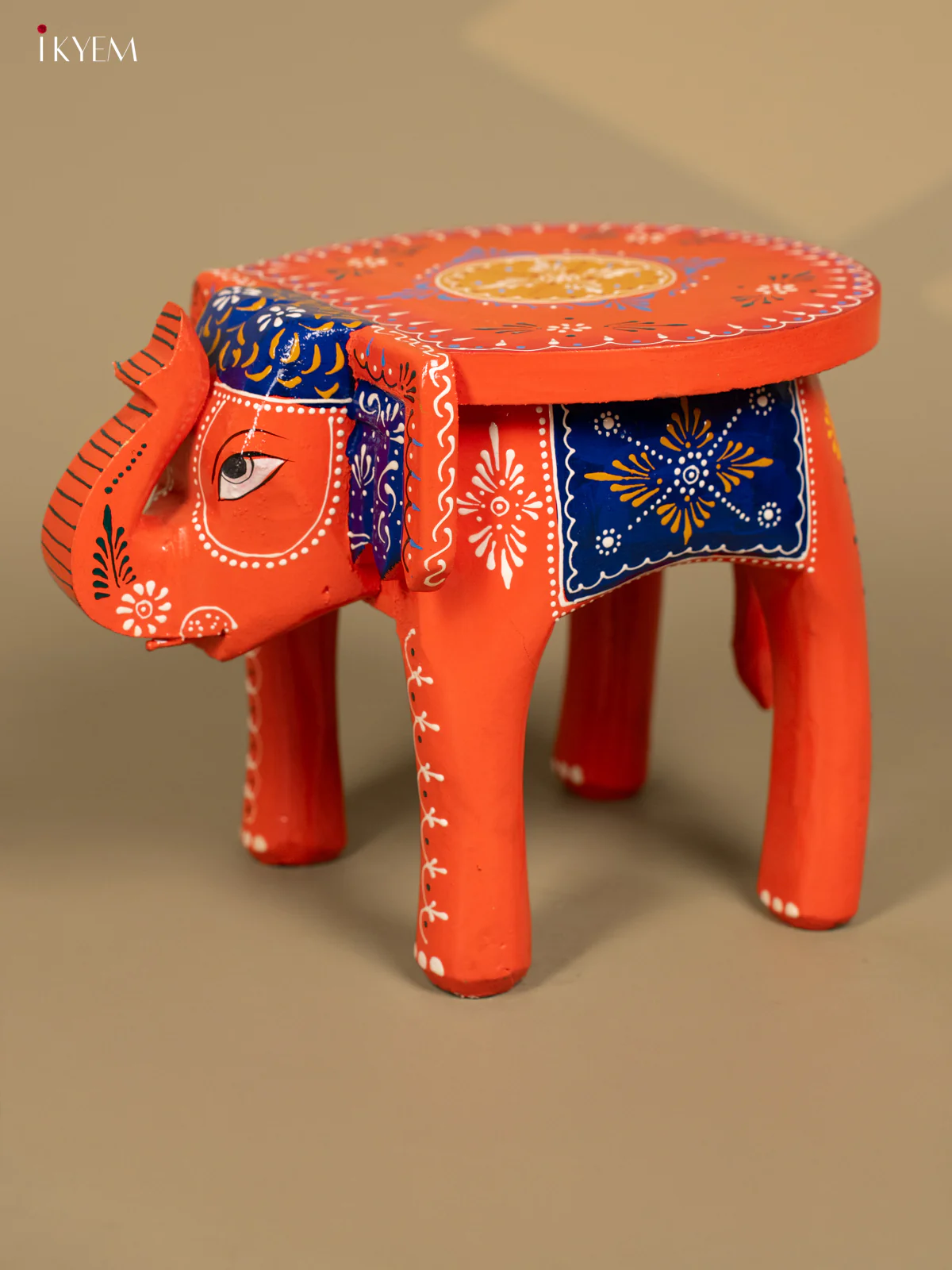 Wooden Hand Painted Elephant Stool Orange 8 Inch - KB04119 - Image 5