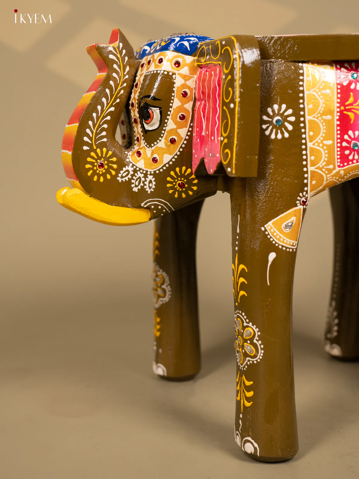 Hand-Painted Wooden Elephant Stool - Olive Brown - 12 Inches - KB04121 - Image 2
