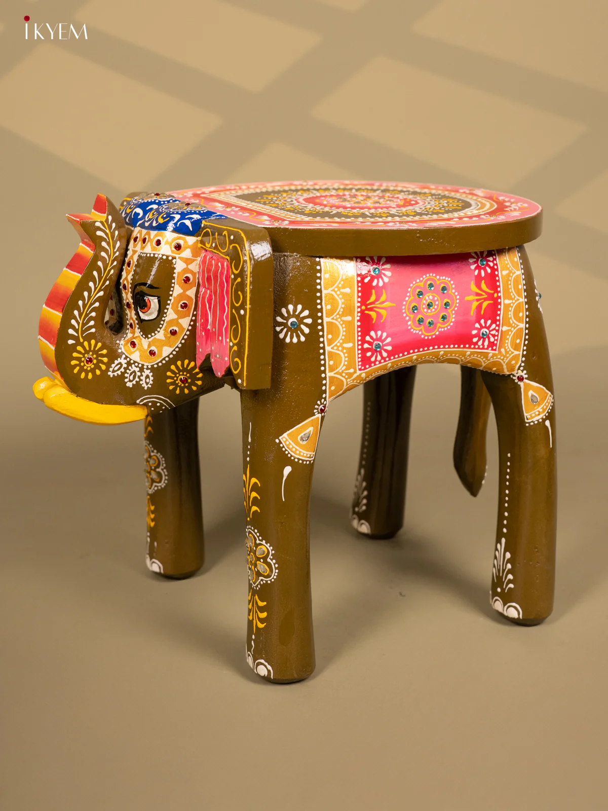 Hand-Painted Wooden Elephant Stool - Olive Brown - 12 Inches - KB04121 - Image 4