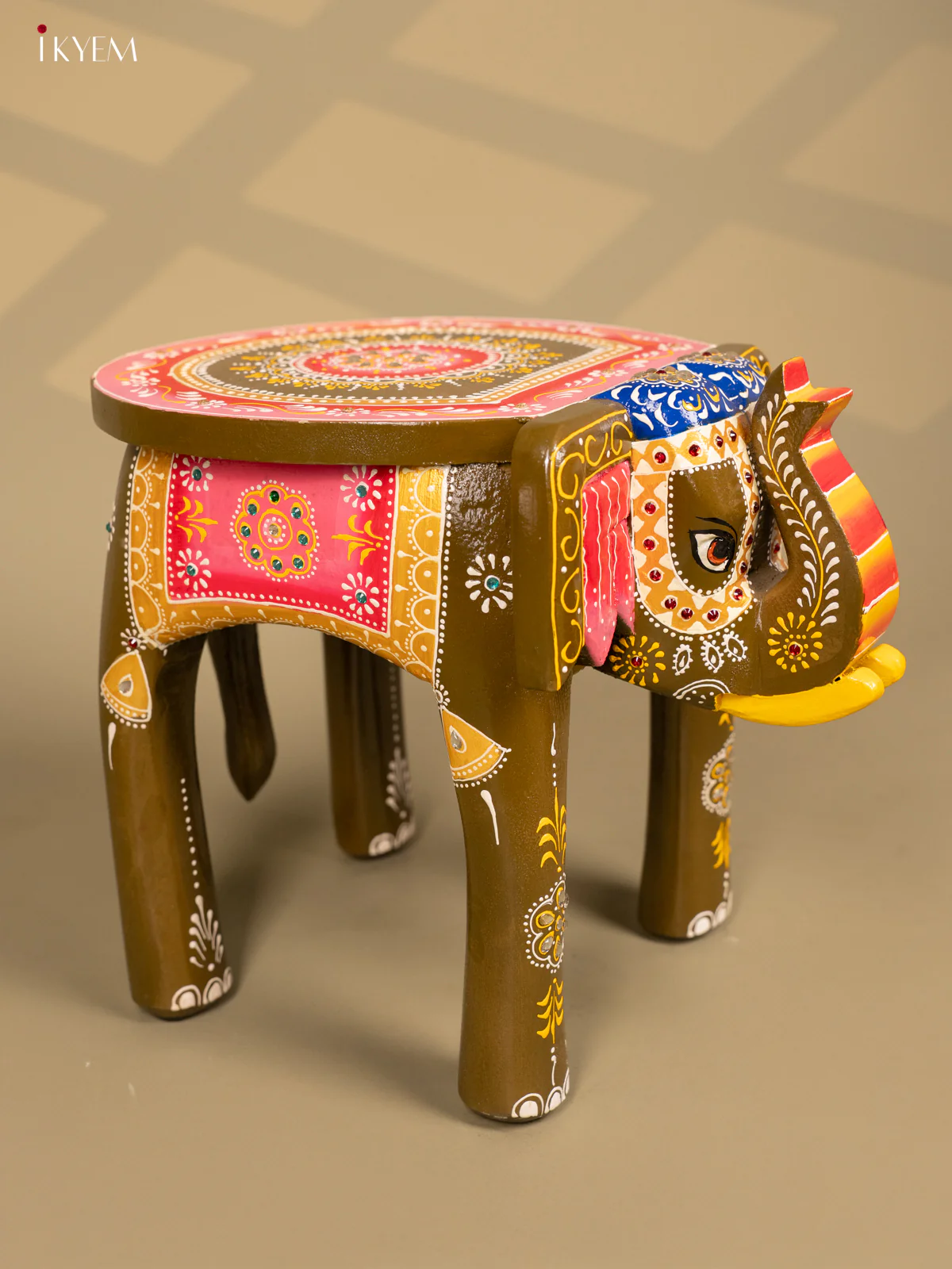 Hand-Painted Wooden Elephant Stool - Olive Brown - 12 Inches - KB04121 - Image 5